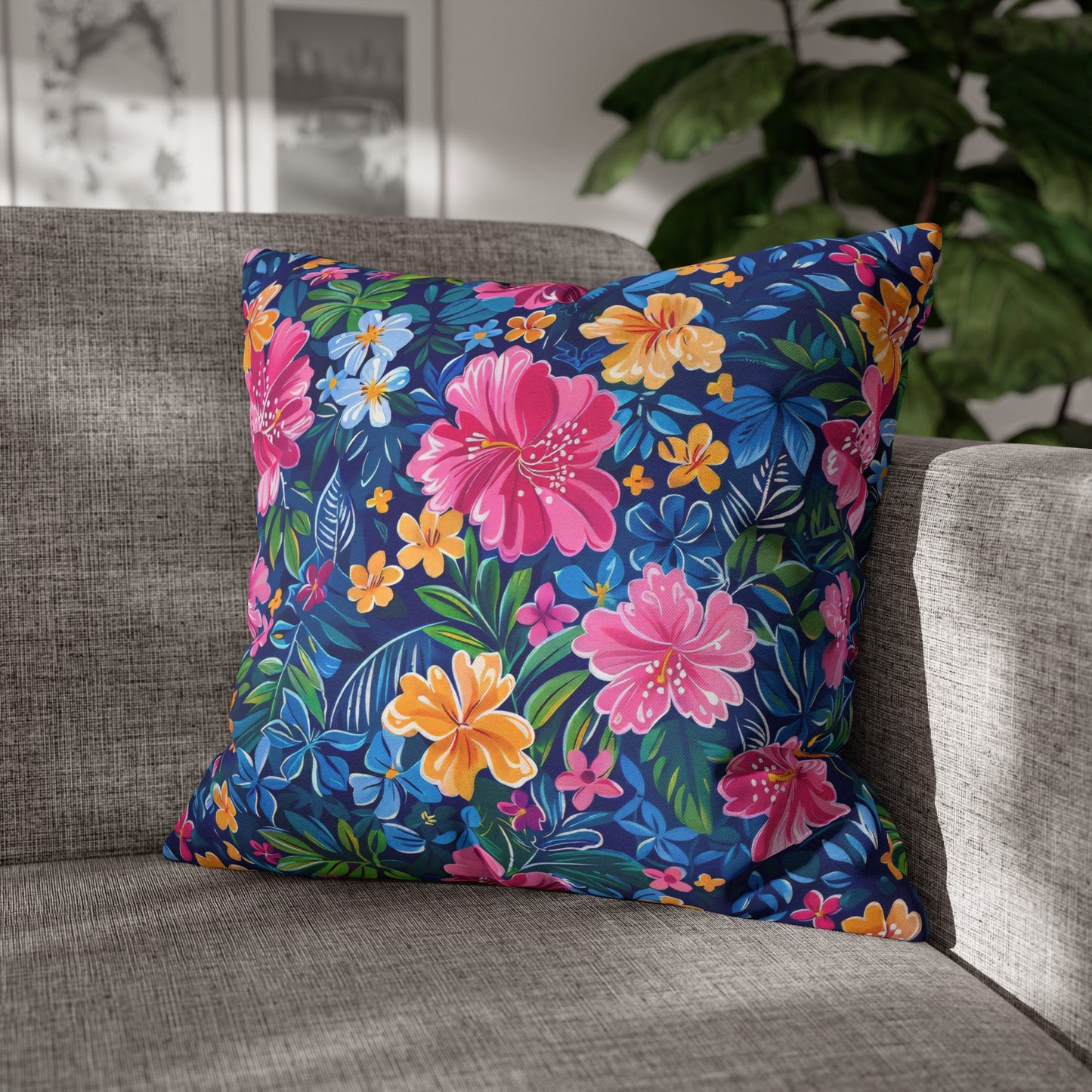 Tropical Sunrise Bloom: Pink Watercolor Flowers with Yellow and Blue Accents Spun Polyester Square Pillowcase 4 Sizes