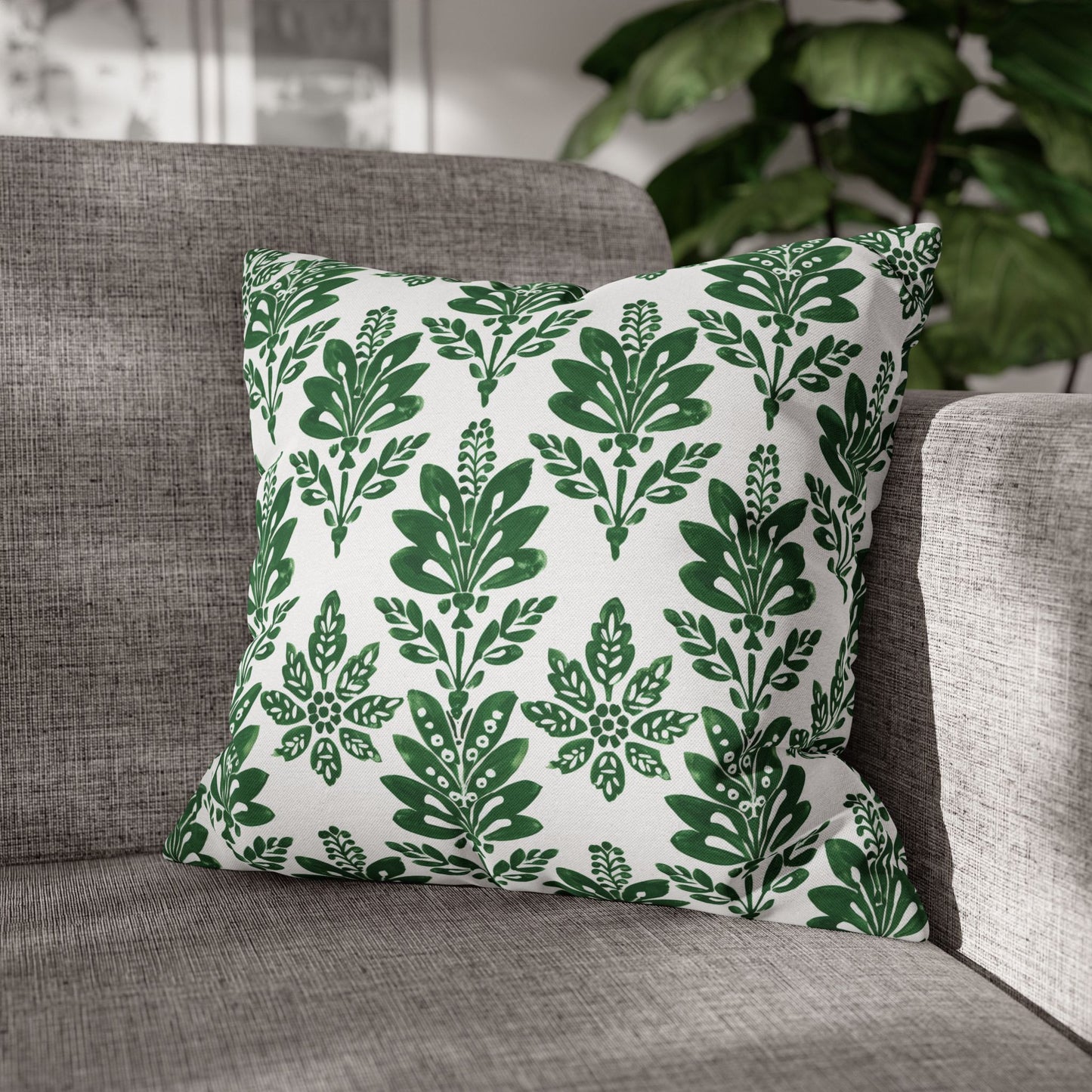 Green Botanical Indian Block Print Pattern Spun Polyester Square Pillowcase 4 Sizes