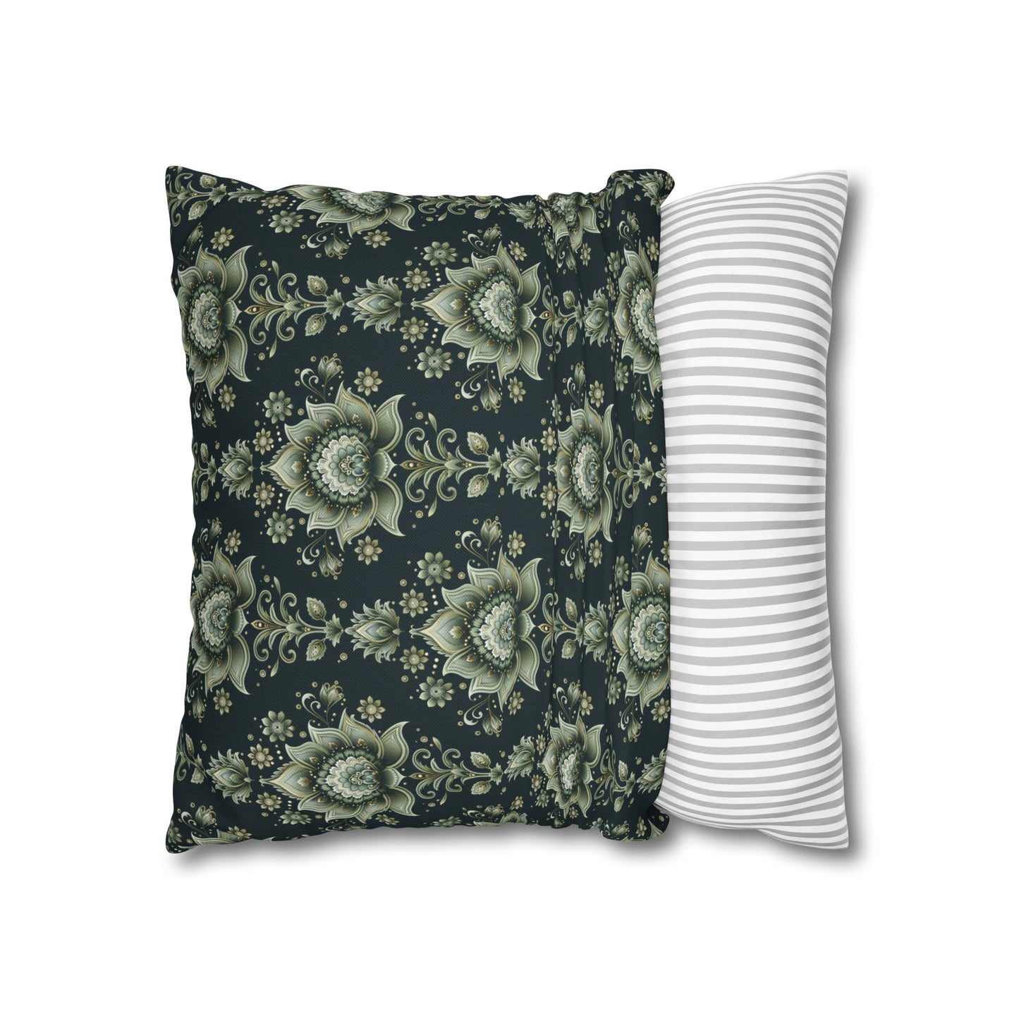 Ornate Green Mandala with Golden Accents on Dark Background Polyester Square Pillowcase 4 Sizes