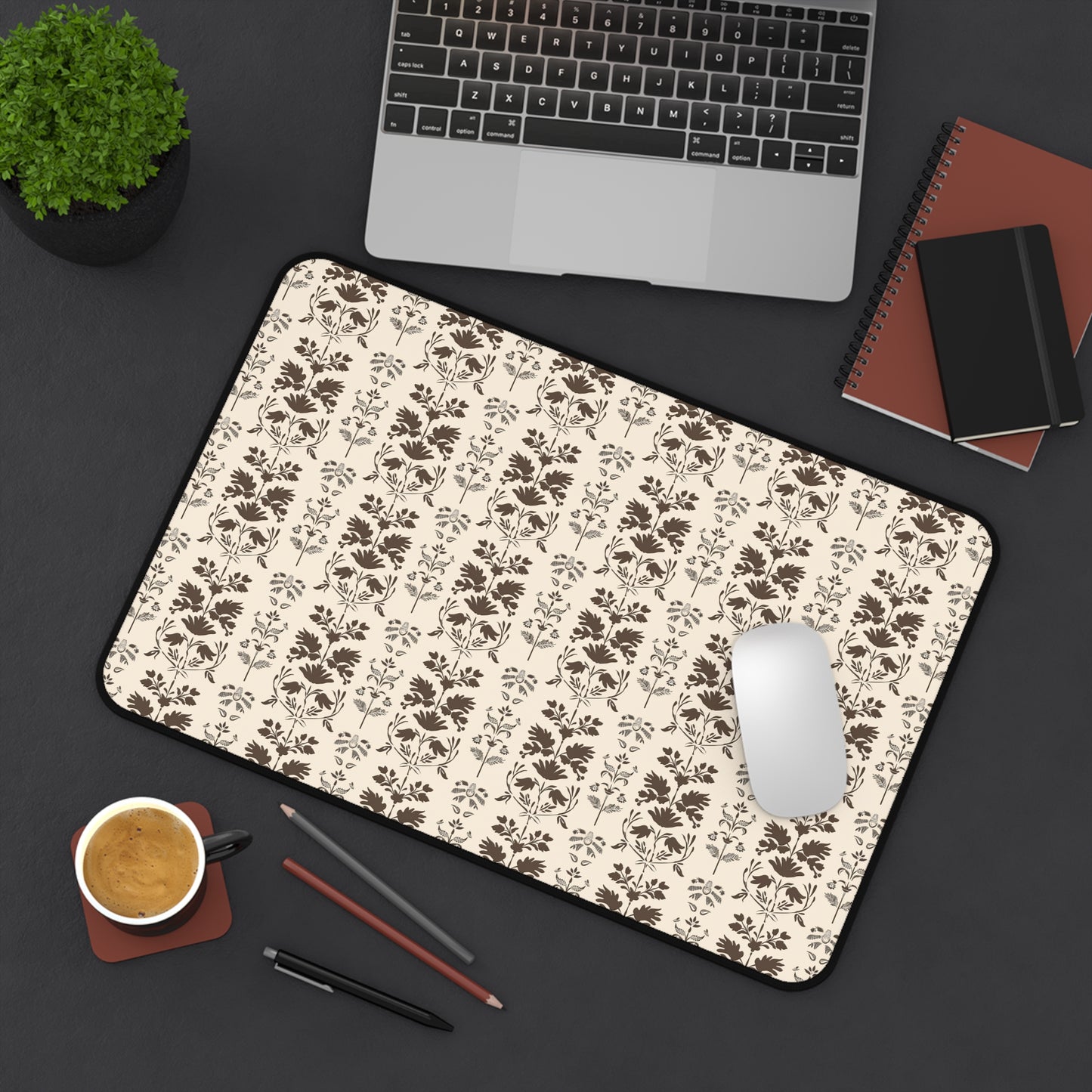 Early American Stencil-Inspired Beige and Brown Floral Pattern Gaming Mouse Pad  Desk Mat  - 3 Sizes