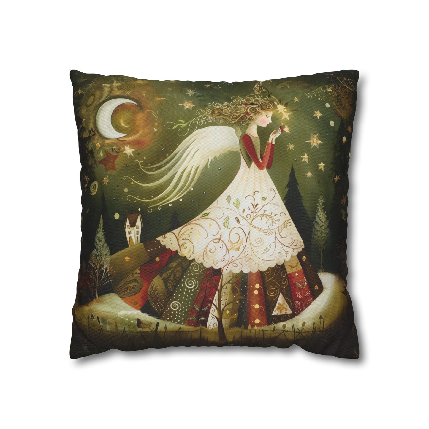 Christmas Angel in Tapestry Dress Amidst a Starlit Forest Spun Polyester Square Pillowcase 4 Sizes