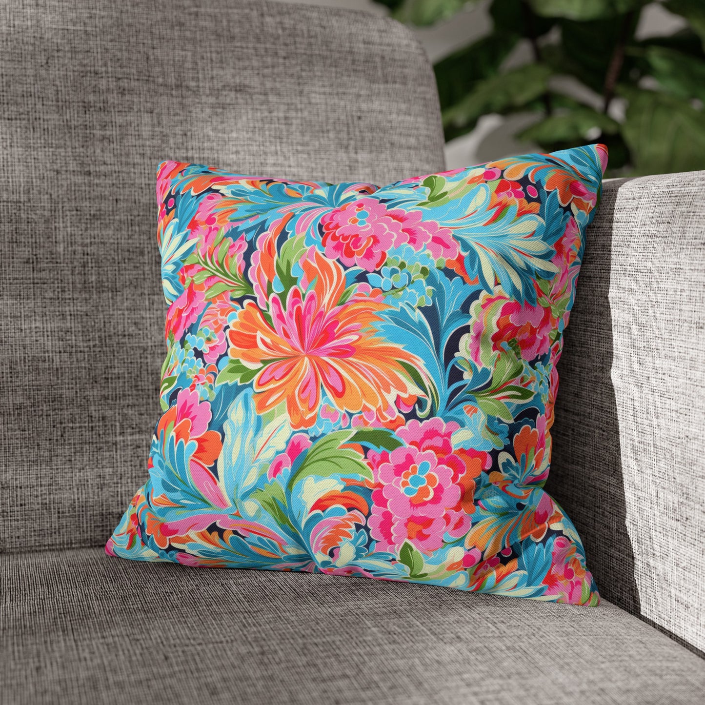 Tropical Radiance: Bursting Summer Blooms in Teal, Orange, and Pink Spun Polyester Square Pillowcase 4 Sizes