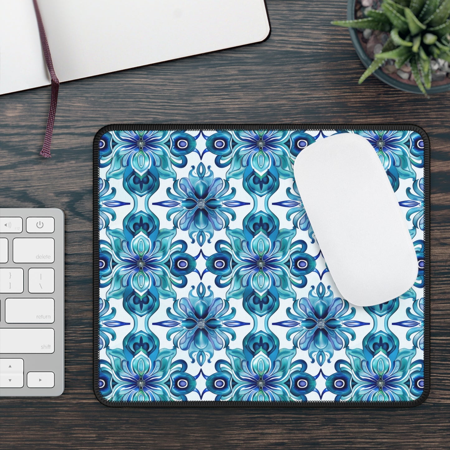 Blossom Symphony of Blue Teal Intricate Floral Pattern Gaming Mouse Pad with Finished Edges