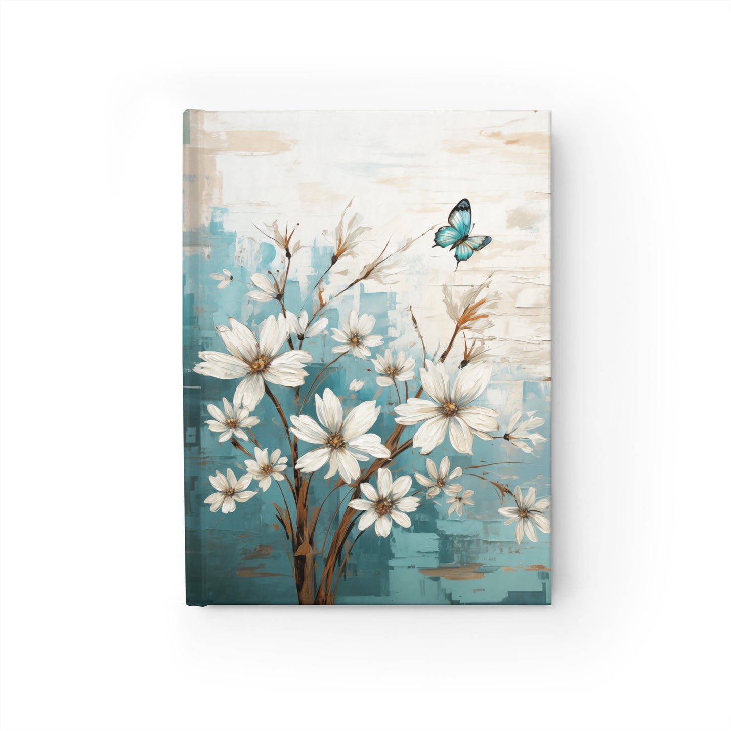 Rustic Farmhouse Teal and White Wild Daisies and Butterflies - Hardcover Ruled Line Journal 5" x 7"