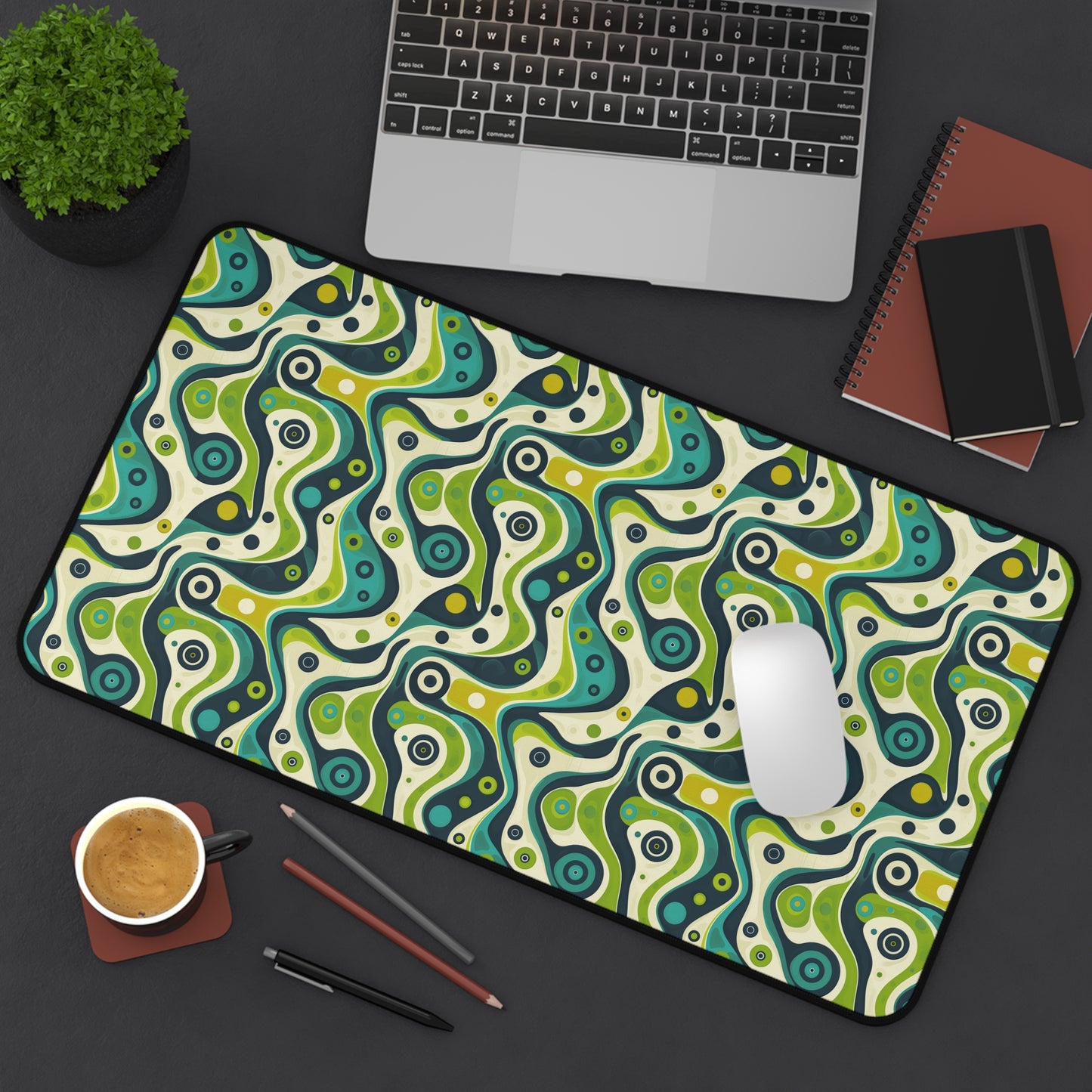 Groovy Retro Greens and Blues Abstract Waves Extended Gaming Mouse Pad  Desk Mat  - 3 Sizes