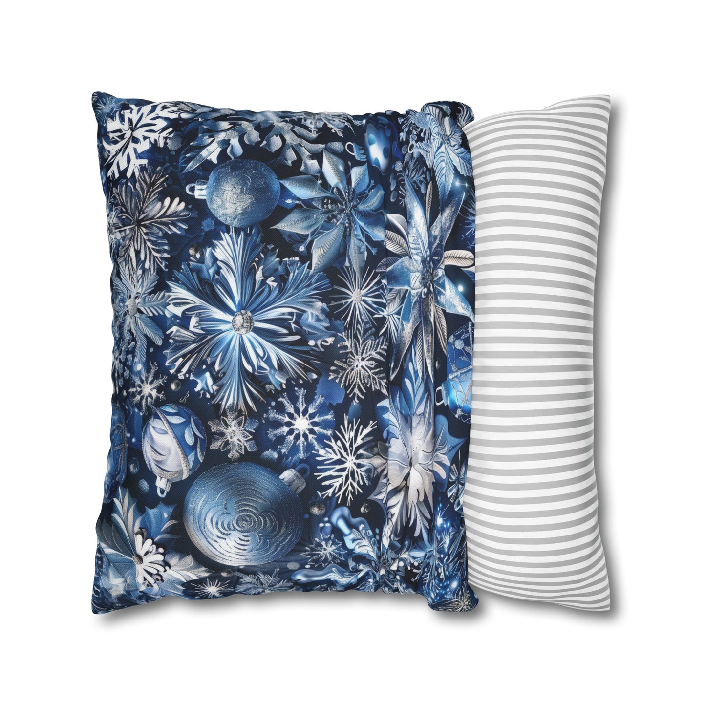 Winter Wonderland Festive Blue and Silver Snowflakes and Ornaments Spun Polyester Square Pillowcase 4 Sizes