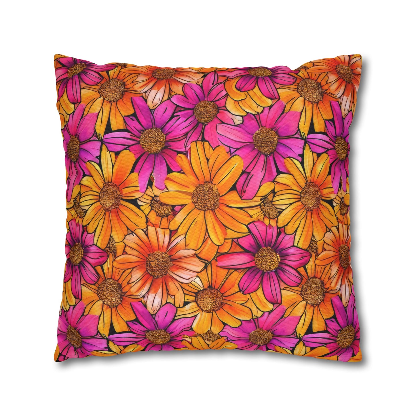 Vibrant Daisy Delight with Bold Orange and Pink Spun Polyester Square Pillowcase 4 Sizes