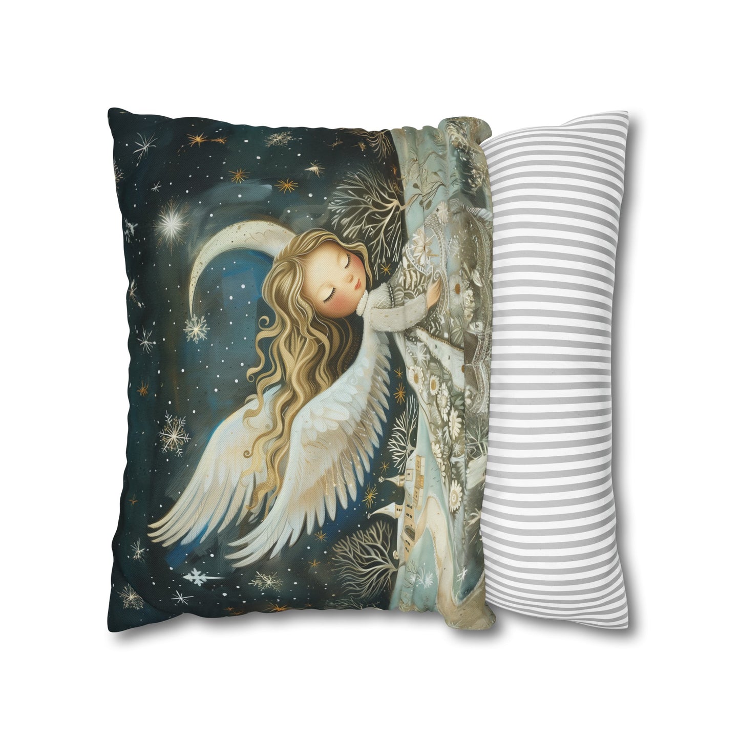 Guardian of Bloom: Young Angel in Floral Dress Amidst a Quaint Village Spun Polyester Square Pillowcase 4 Sizes