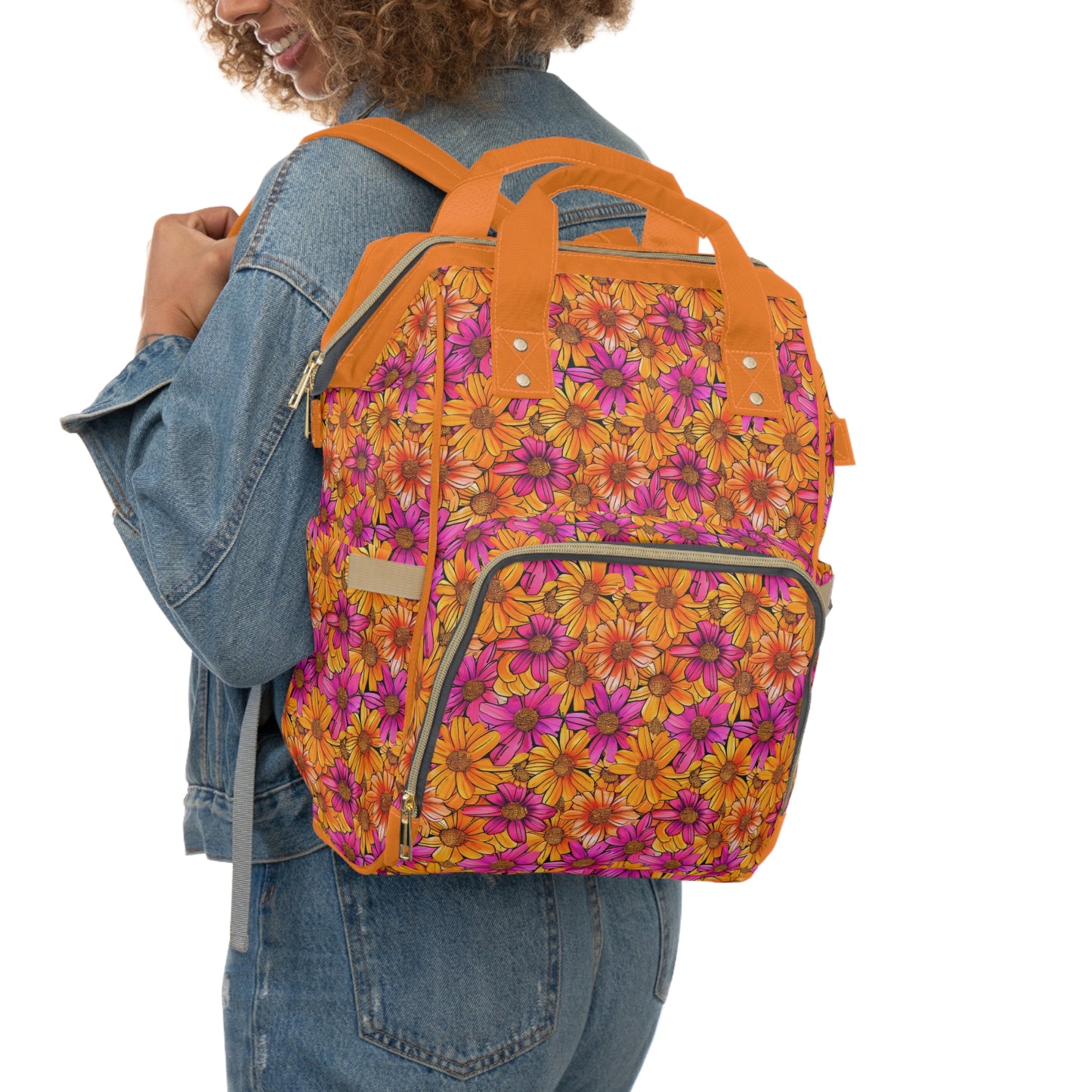 Vibrant Daisy Delight with Bold Orange and Pink Flowers Multifunctional Diaper Backpack