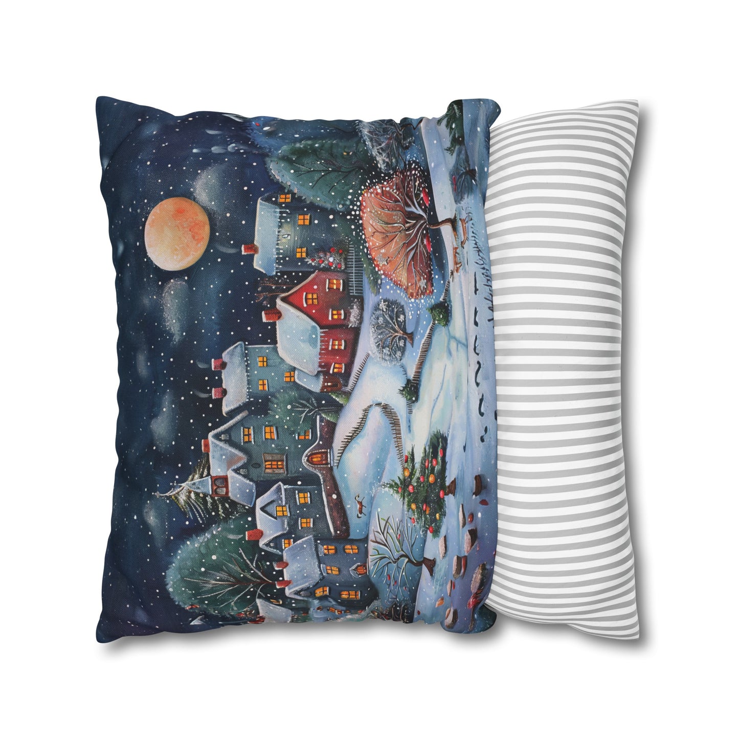 Snowy Serenade: Town at Winter Night with Reindeer Amidst the Snow  Spun Polyester Square Pillowcase 4 Sizes