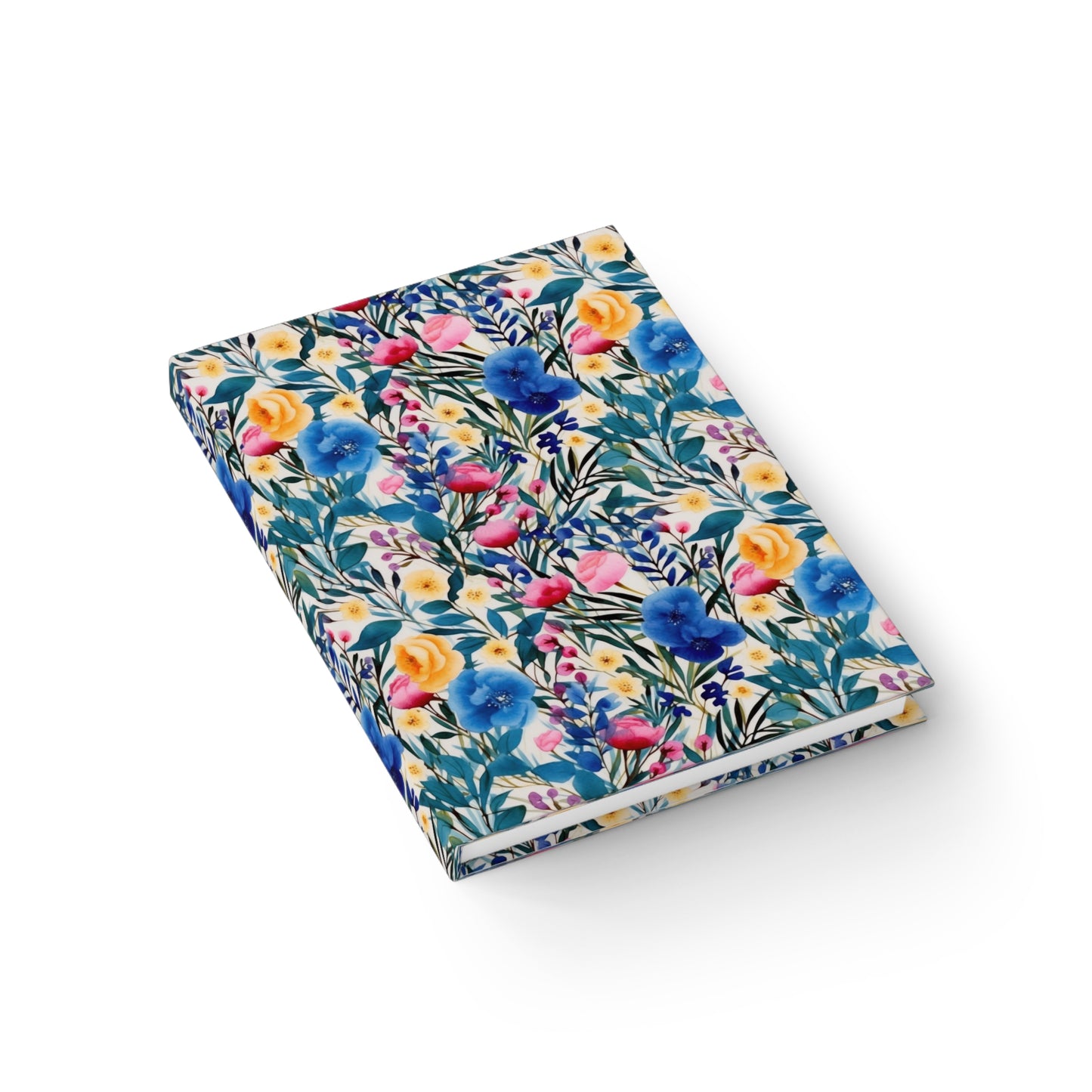 Blooming Brilliance: Large Watercolor Floral Design in Blue, Yellow, and Pink - Hardcover Ruled Line Journal 5" x 7"