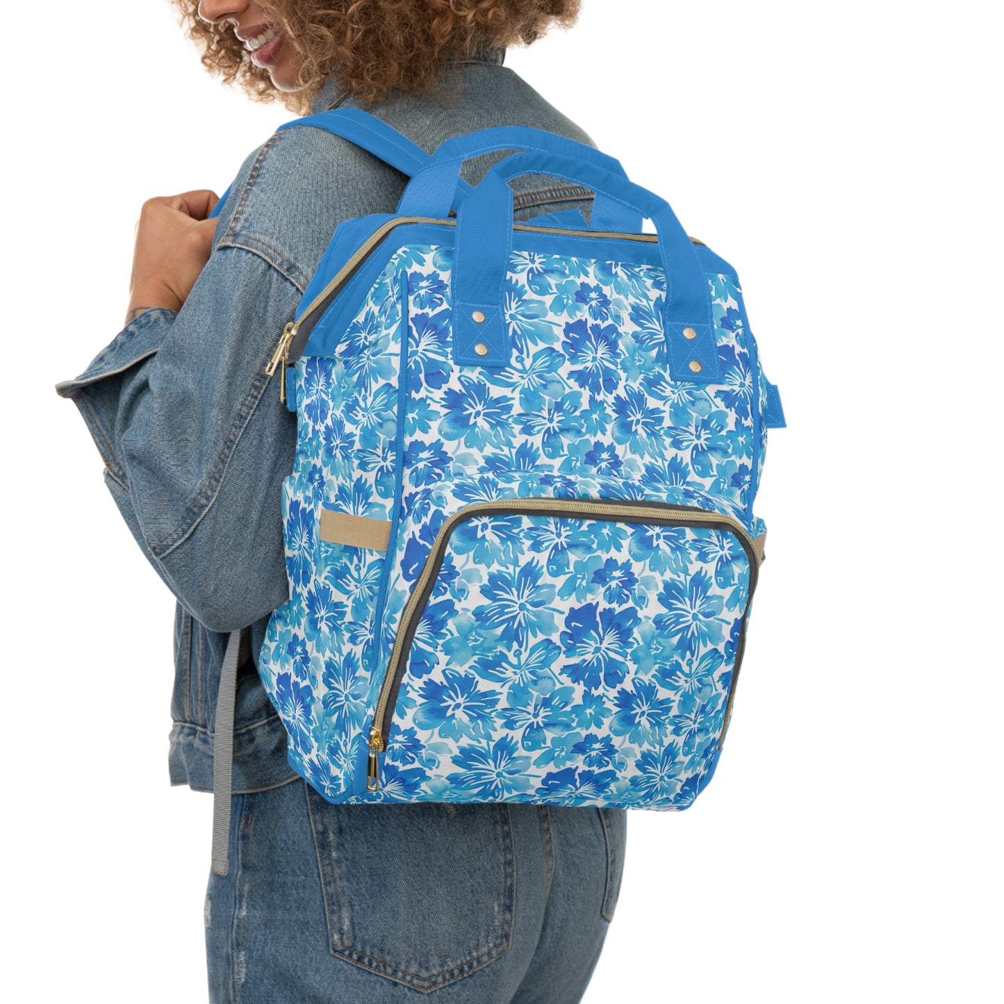 Tranquil Tropics: Soft Blue Tropical Flowers Multifunctional Diaper Backpack