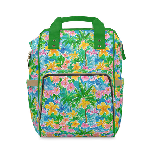 Tropical Harmony: Watercolor Yellow and Pink Hibiscus Flowers with Blue and Green Palm Leaves Multifunctional Diaper Backpack