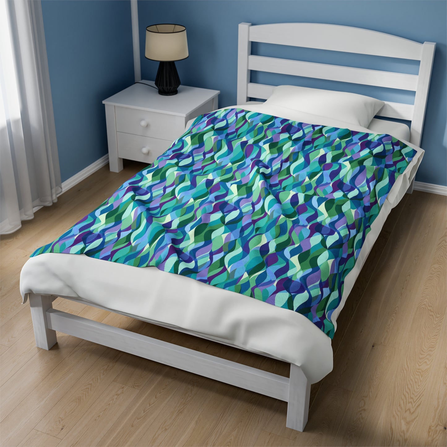 Modern Mosaic Art Ocean Waves of Blue and Green Velveteen Plush Blanket 3 Sizes