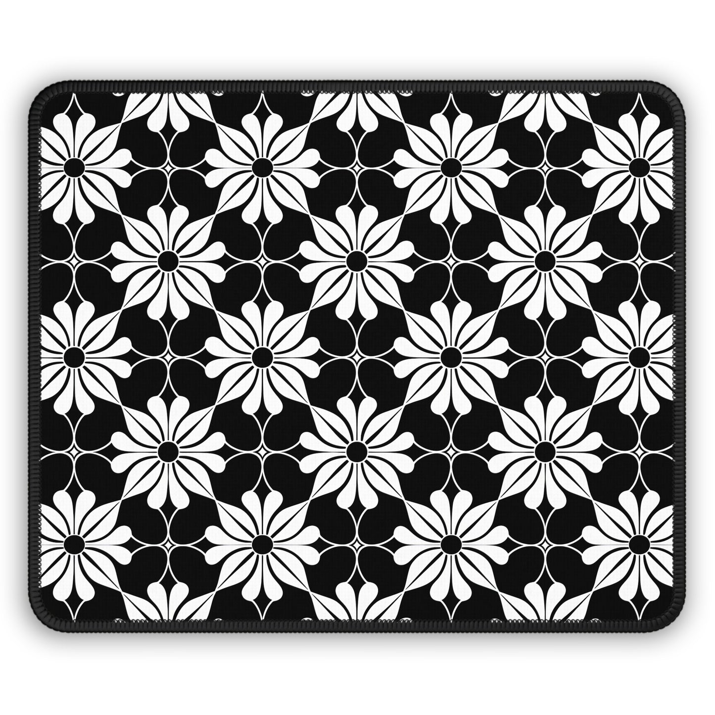 Retro Chic Monochrome Floral Geometric Flowers Gaming Mouse Pad with Finished Edges