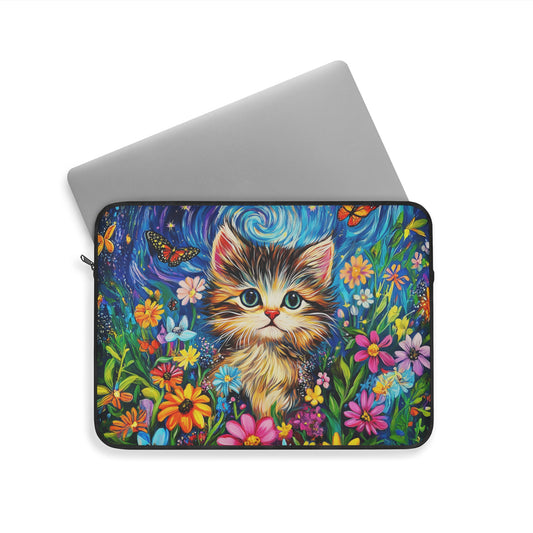 Whimsical Kitten Amidst a Van Gogh-Inspired Floral Fantasy Laptop or Ipad Protective Sleeve 3 Sizes Available