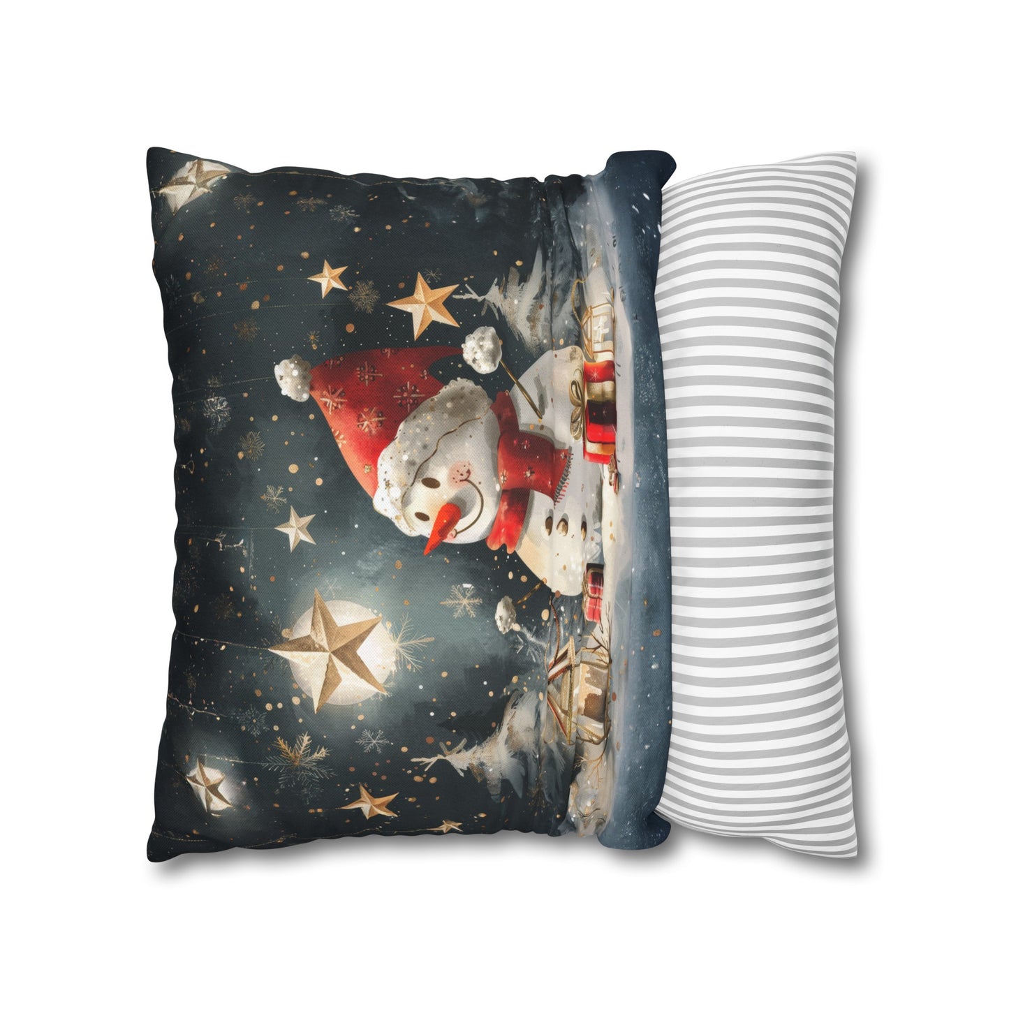 Moonlit Frost: Snowman Basking in Moonlight Surrounded by Presents Spun Polyester Square Pillowcase 4 Sizes