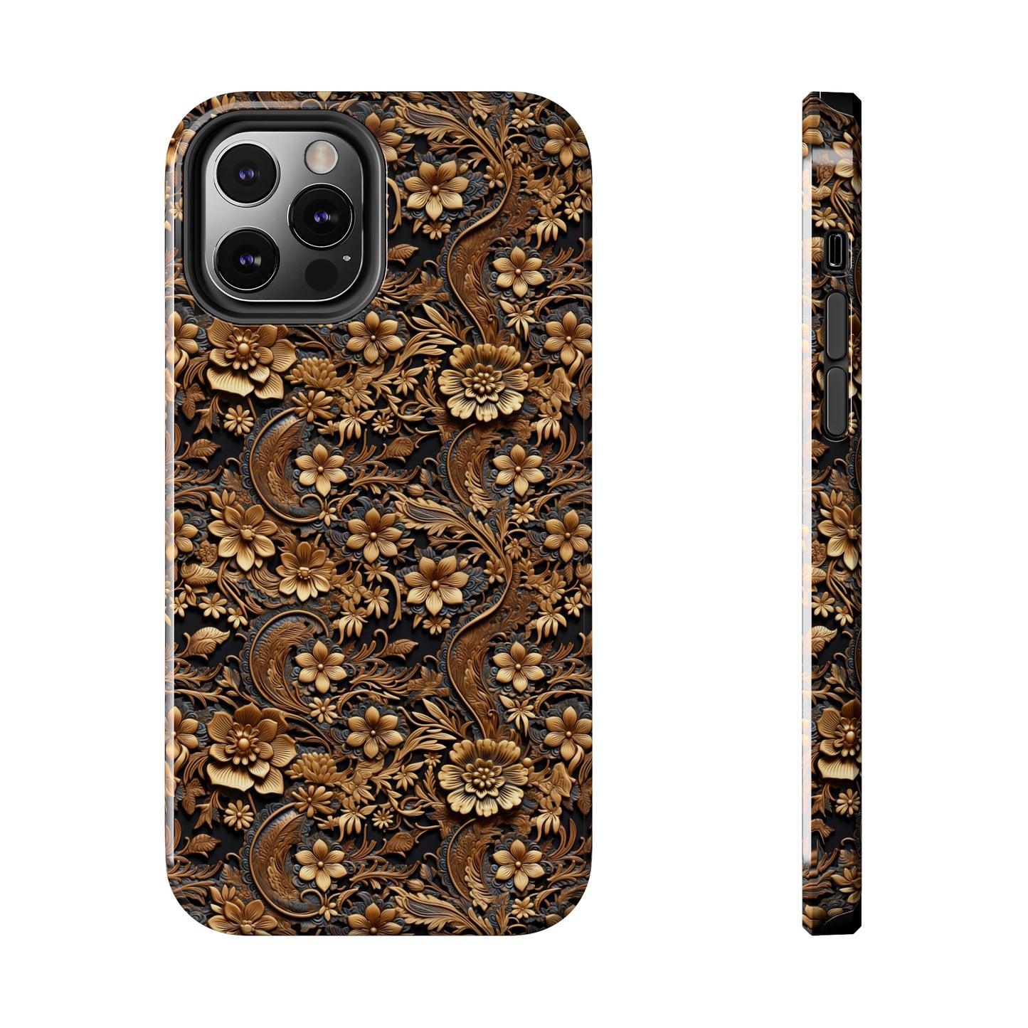 Tooled Leather Large Gold Flowers with Blue Leaf Swirl Accents Print Design Iphone Tough Phone Case