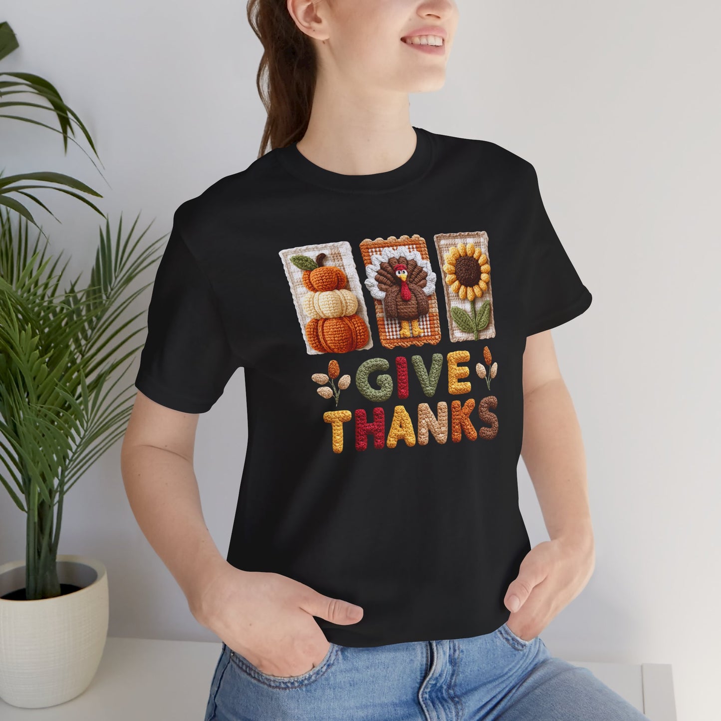 Thanksgiving Give Thanks Faux Yarn Crochet Print Jersey Short Sleeve T-shirt