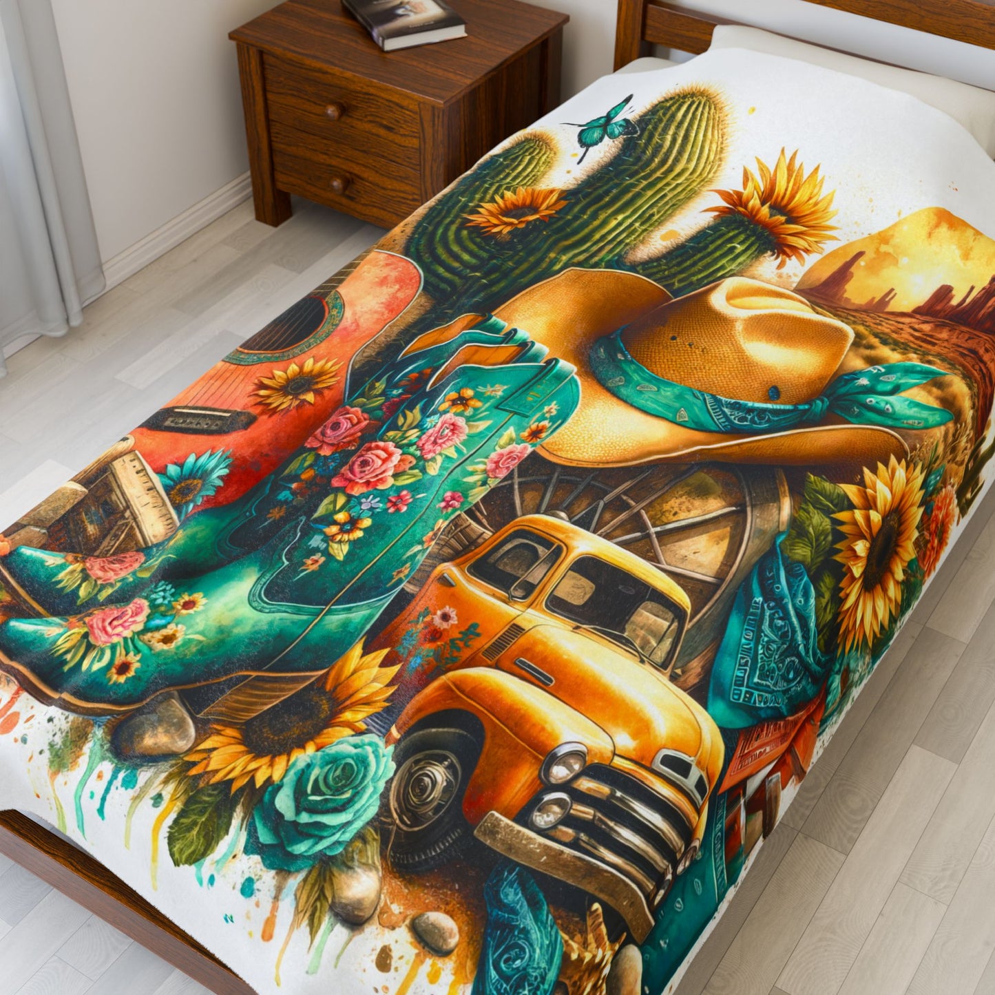 Western Music Rustic Southwestern Country Spring Print Velveteen Plush Blanket 3 Sizes