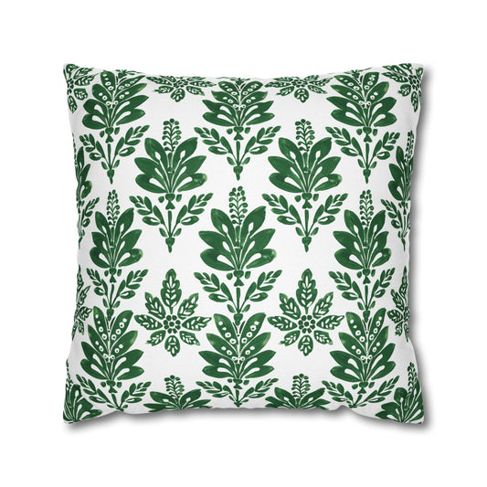 Green Botanical Indian Block Print Pattern Spun Polyester Square Pillowcase 4 Sizes