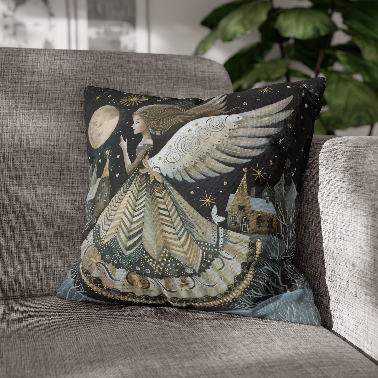 Frosty Angelic Glow: Angel Illuminated by Moonlight on a Snowy Night Spun Polyester Square Pillowcase 4 Sizes