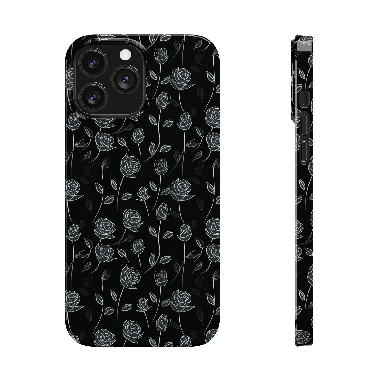 Contrasting Elegance: White Outlined Roses on a Black Background Iphone 15-12 Slim Phone Case