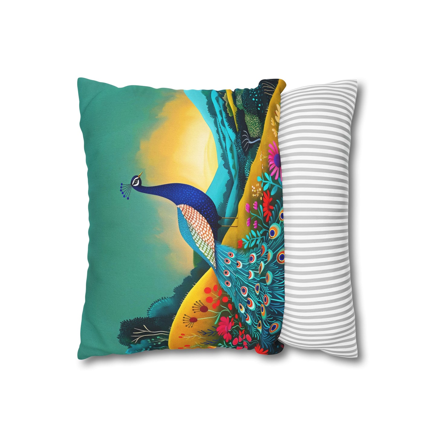 Radiant Peacock with Colorful Enchanted Garden and Sunrise Spun Polyester Square Pillowcase 4 Sizes