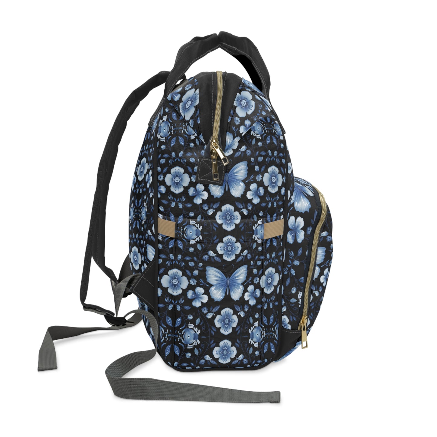 Enchanted Blue Butterflies and Blooms on Black Multifunctional Diaper Backpack