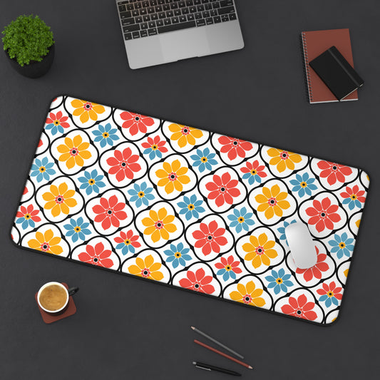 Retro Vintage Flowers in Bold Pink Blue and Orange Extended Gaming Mouse Pad  Desk Mat  - 3 Sizes