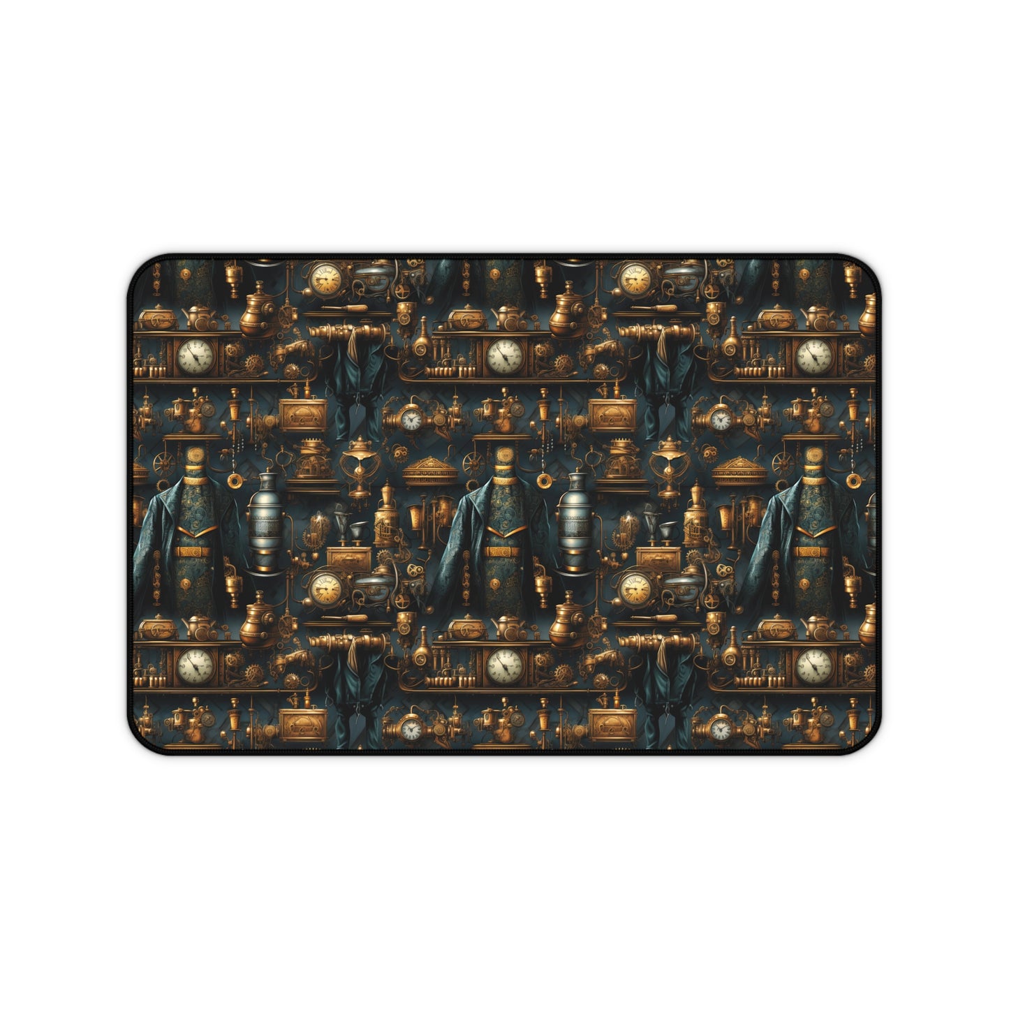 Victorian Steampunk Teal and Gold Clock, Gears and Mechanical Elements - Desk Mat Extended Gaming Mouse Pad 3 Sizes