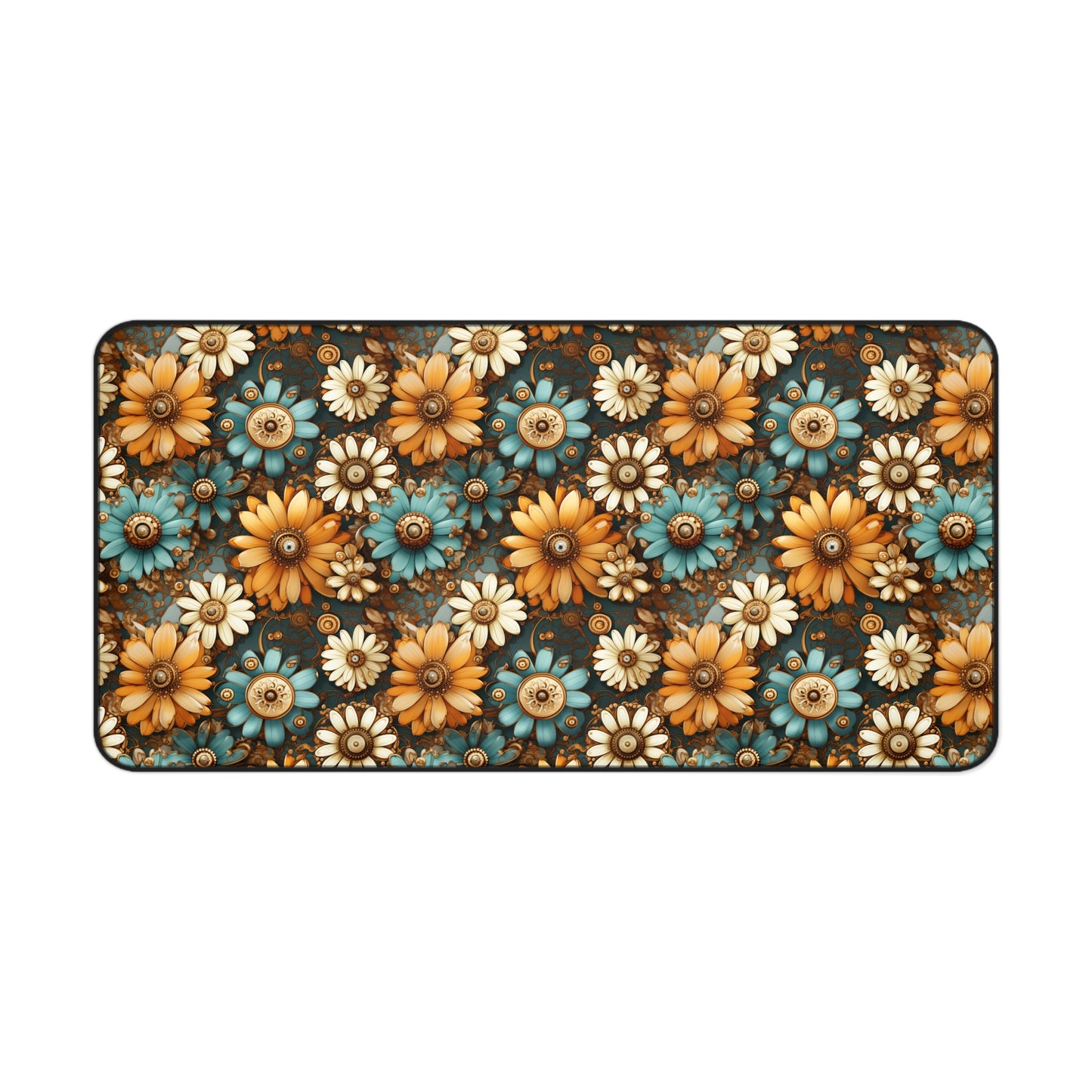 Victorian Steampunk Cream Gold and Teal Flowers with Gears and Mechanical Elements  - Desk Mat Extended Gaming Mouse Pad 3 Sizes