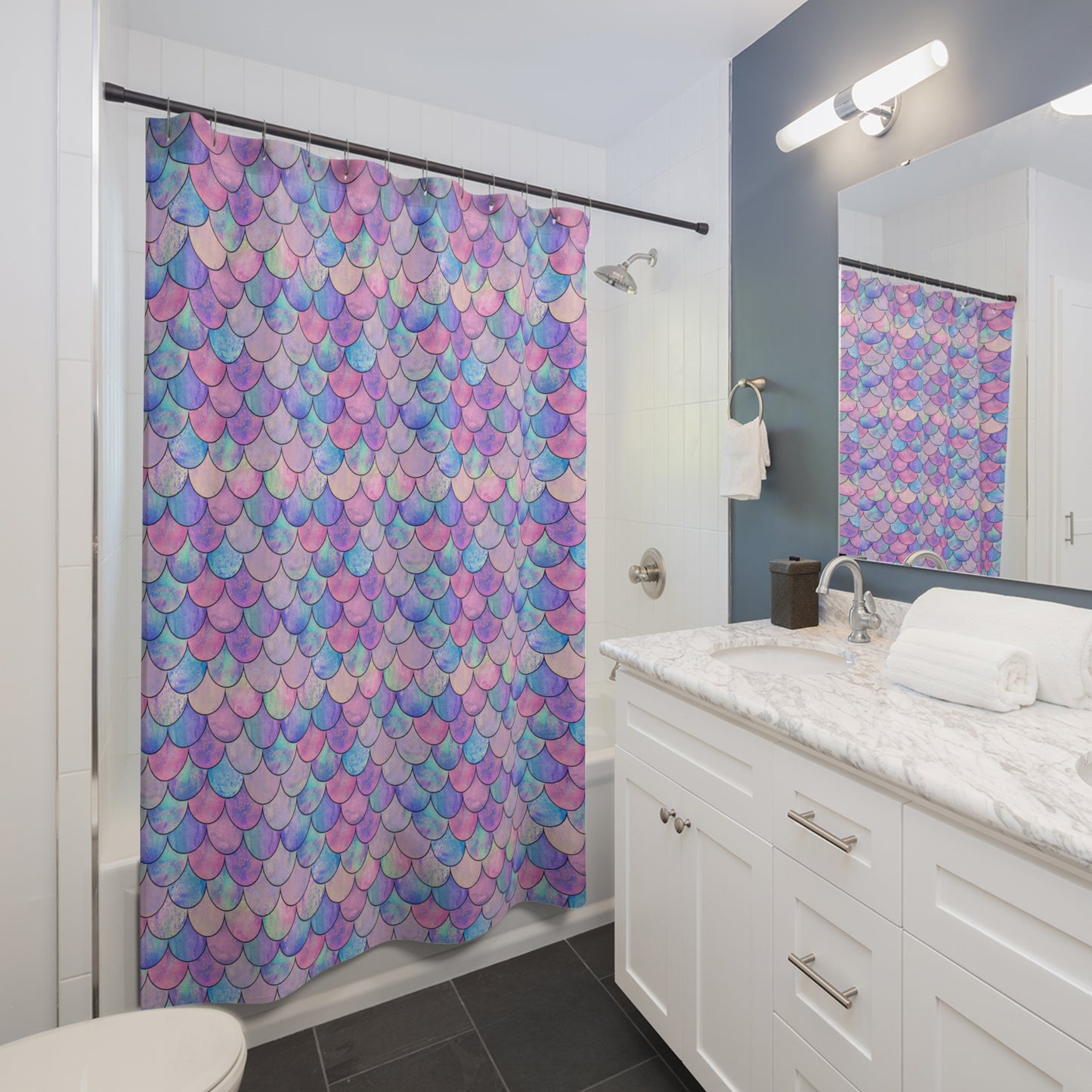 Enchanting Mermaid Hues: Pink and Purple Shimmering Scales Bathroom Shower Curtain   71" × 74"