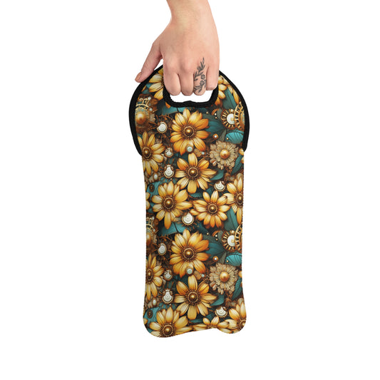 Victorian Steampunk Gold Flowers Teal Background with Gears and Mechanical Elements Wine Tote Bag Reusable Eco Friendly