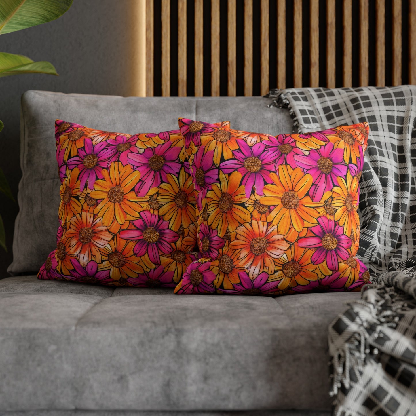 Vibrant Daisy Delight with Bold Orange and Pink Spun Polyester Square Pillowcase 4 Sizes