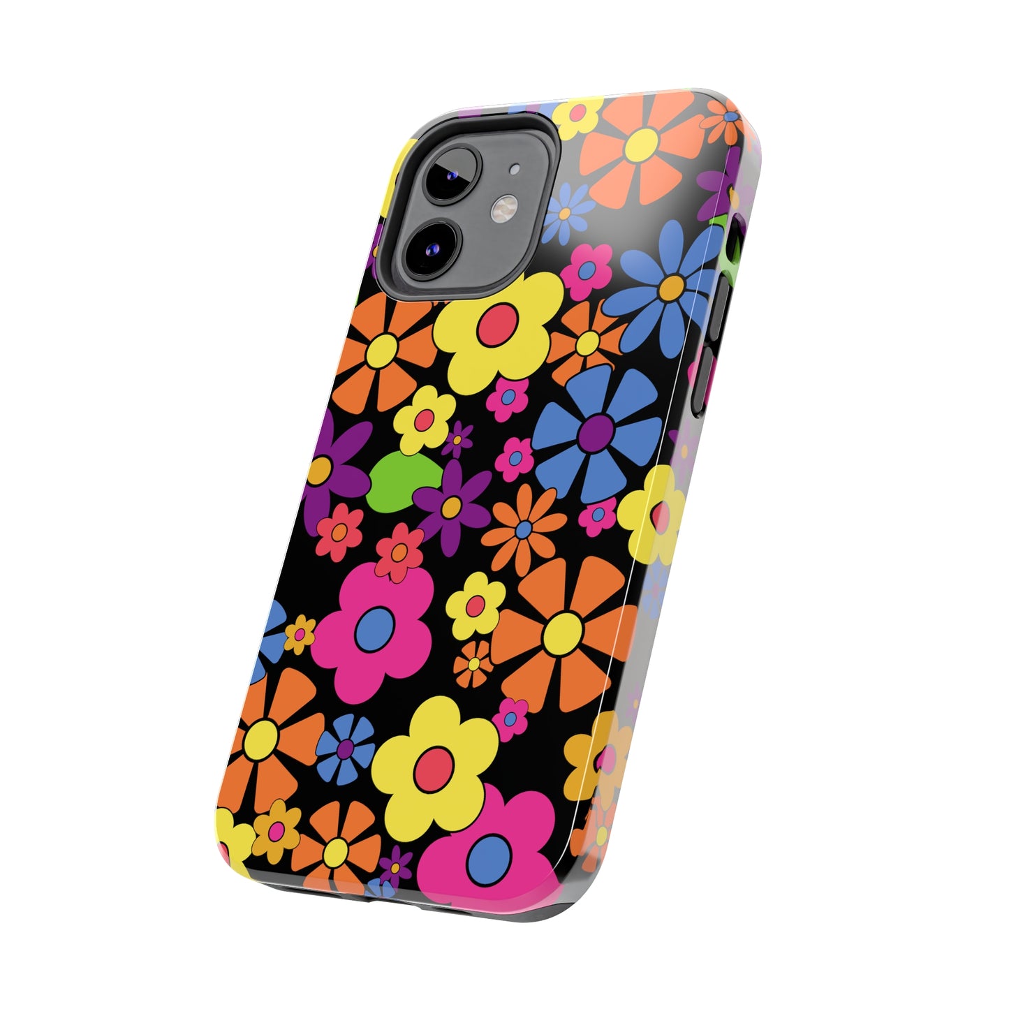 Flower Power Design on Black Background Iphone Tough Phone Case