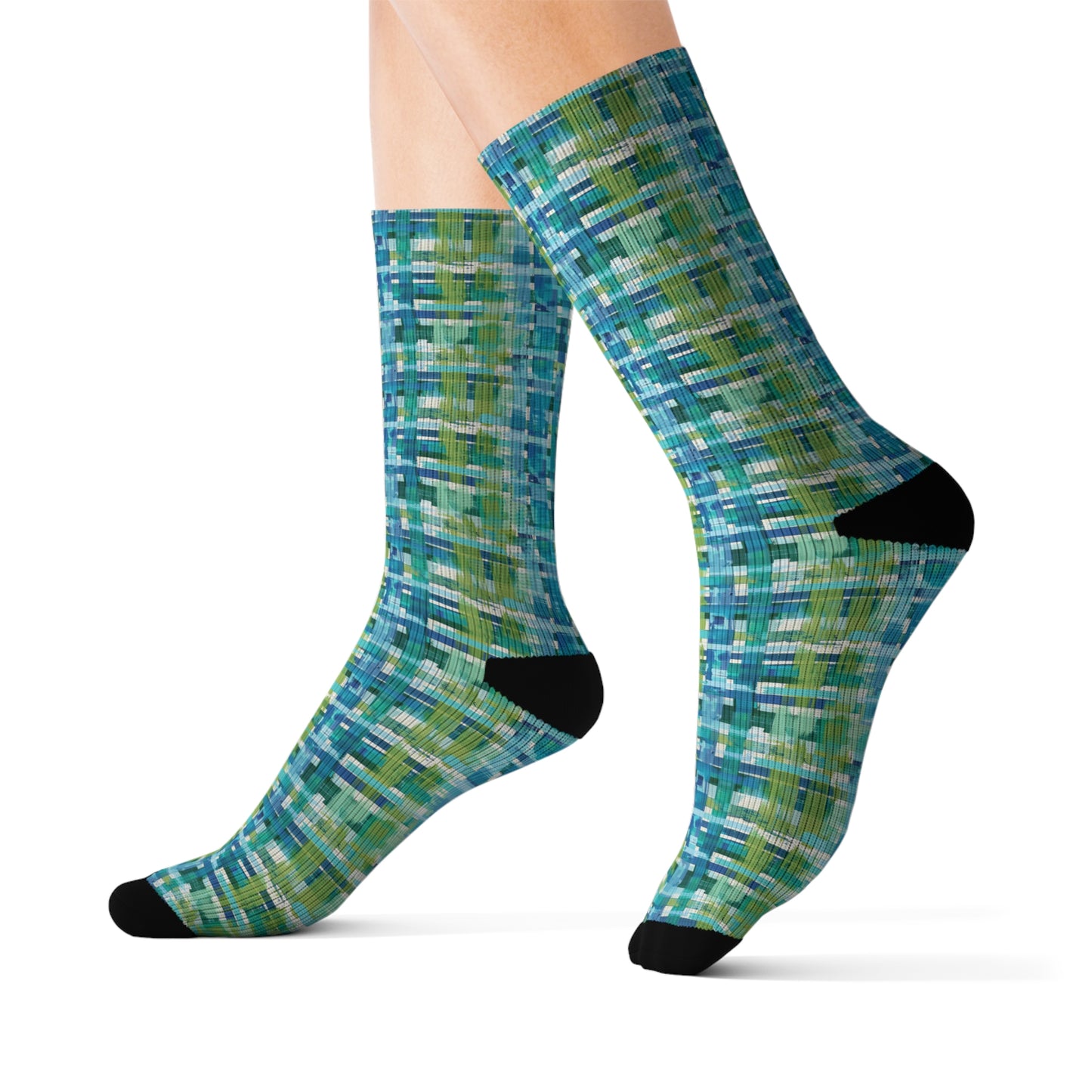 Enchanted Lagoon: Vibrant Green and Blue Abstract Plaid Ribbed Crew Socks