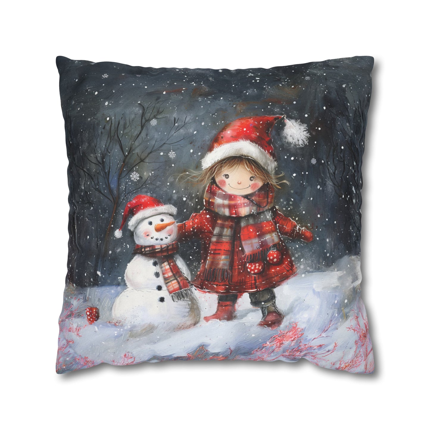 Little Girl and Snowman Sharing Winter's Wonder Spun Polyester Square Pillowcase 4 Sizes