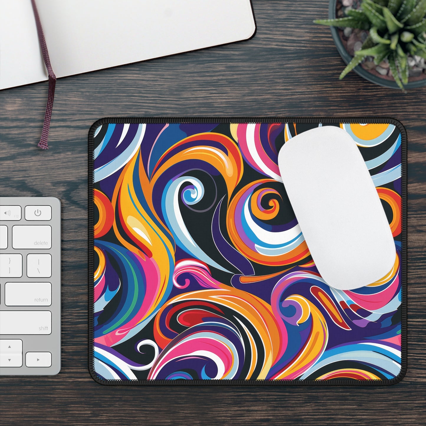 Psychedelic Groovy Vibrant Rainbow Swirls Gaming Mouse Pad with Finished Edges