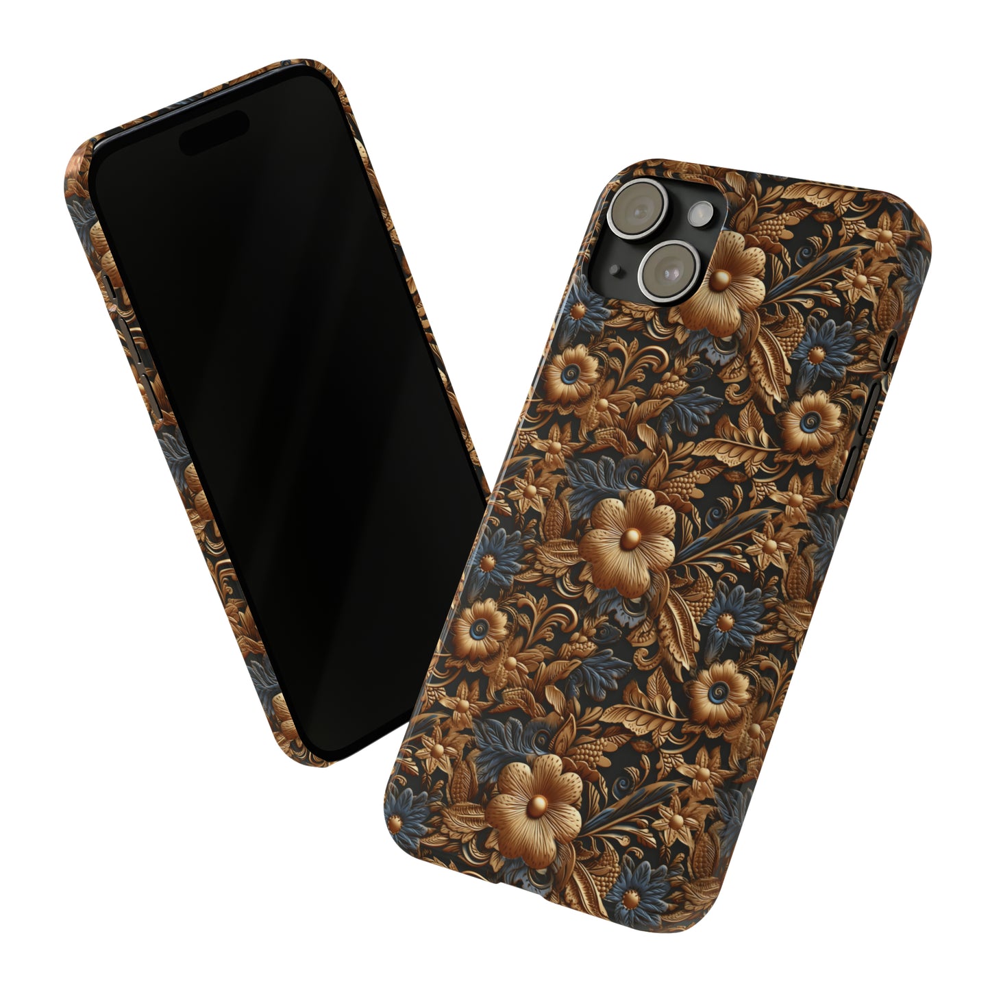 Tooled Leather Gold Flowers with Blue Leaves Accent Print Design Iphone 15-12 Slim Phone Case