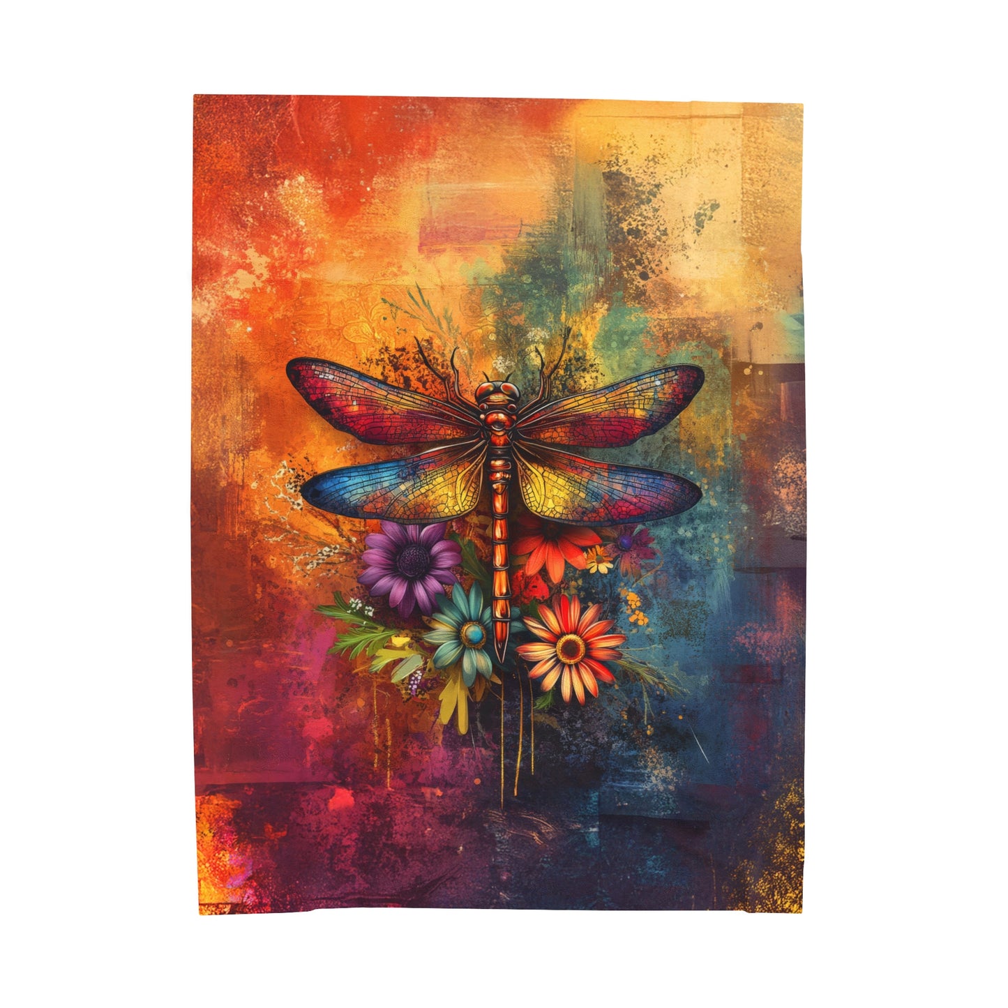 Mesmerizing Vibrant Dragonfly and Flowers Velveteen Plush Blanket 3 Sizes