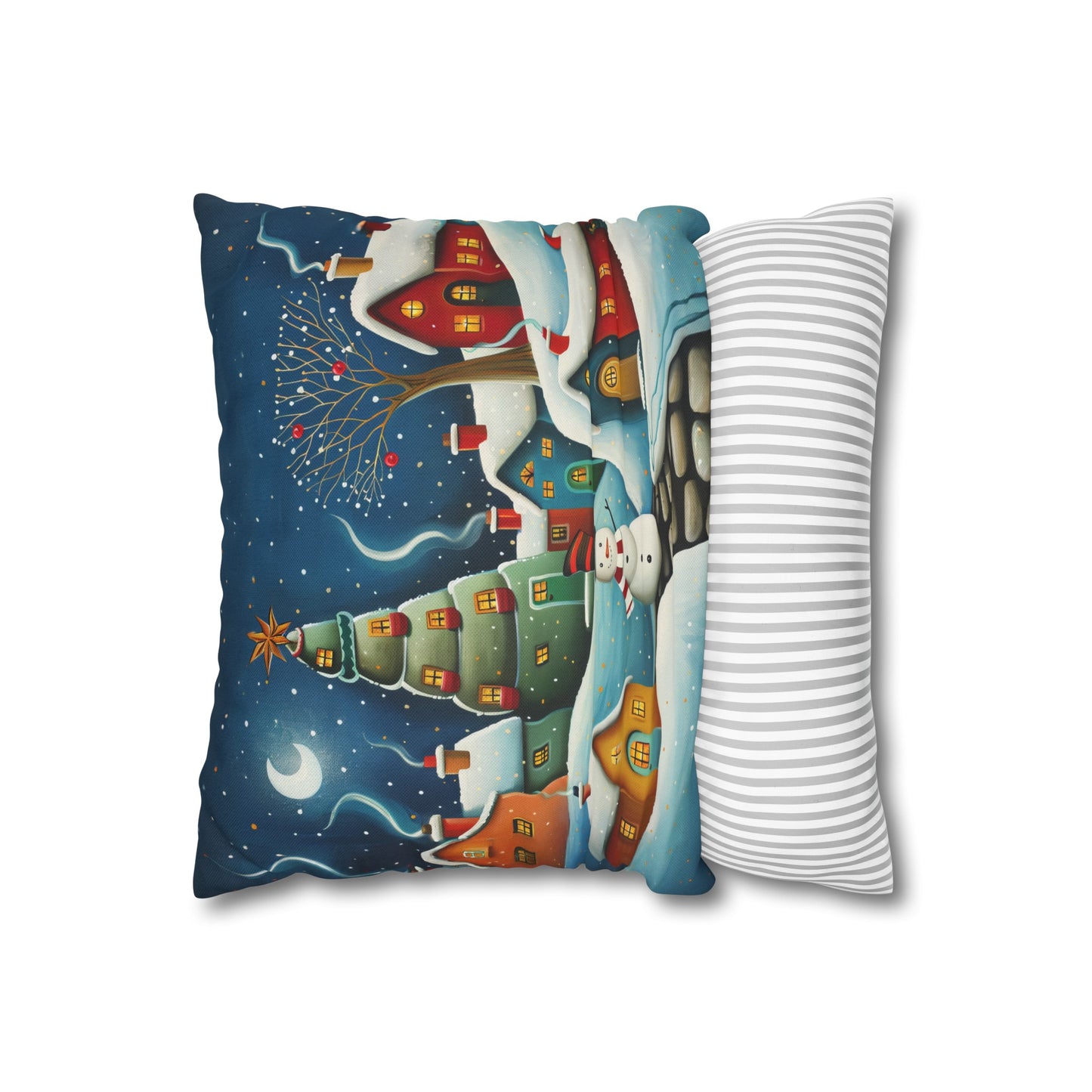 Starry Snowman Serenade: Village under a Starry Night Sky Spun Polyester Square Pillowcase 4 Sizes