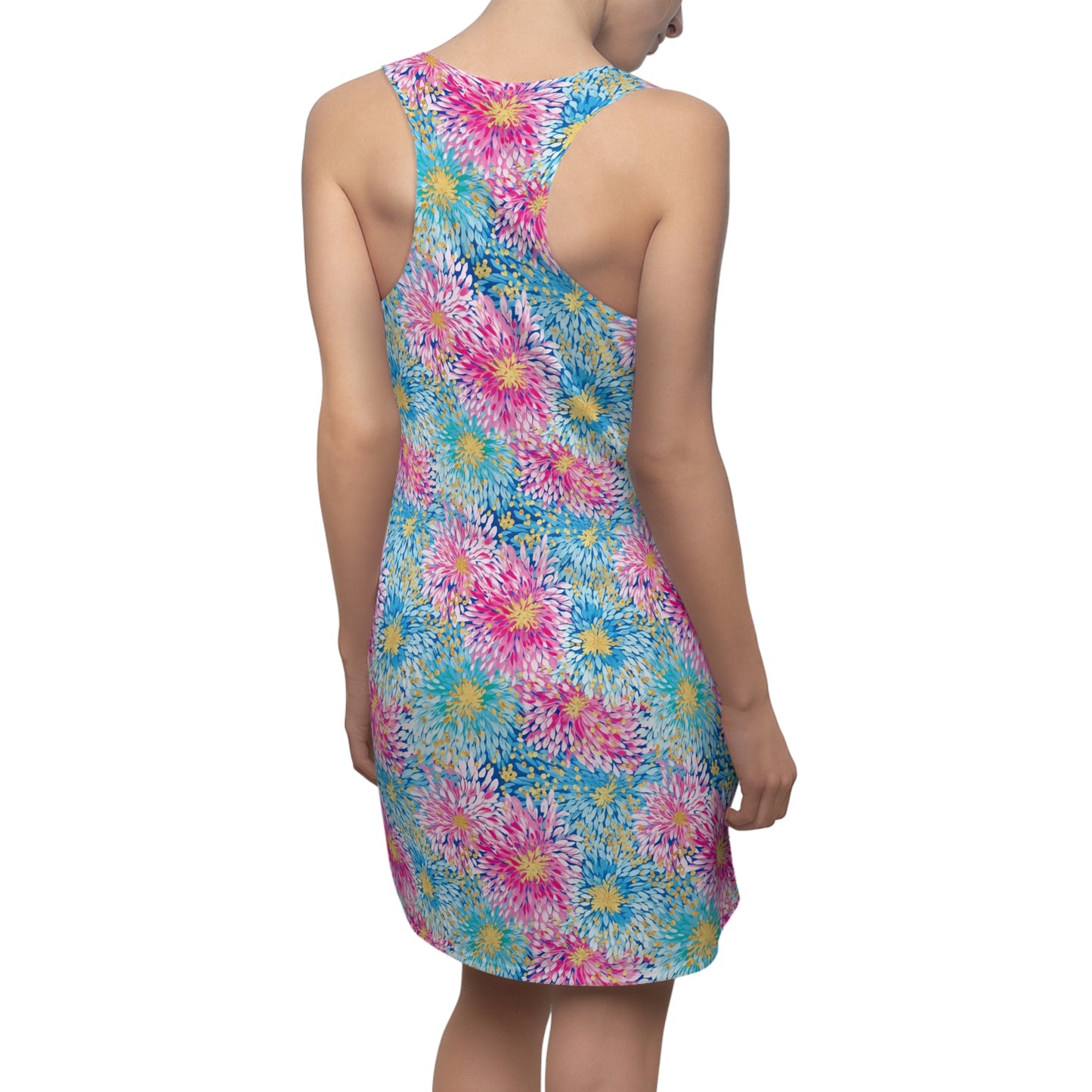 Pastel Harmony: Watercolor Chrysanthemums in Pink, Blue, and Yellow Women's Racerback Dress XS - 2XL