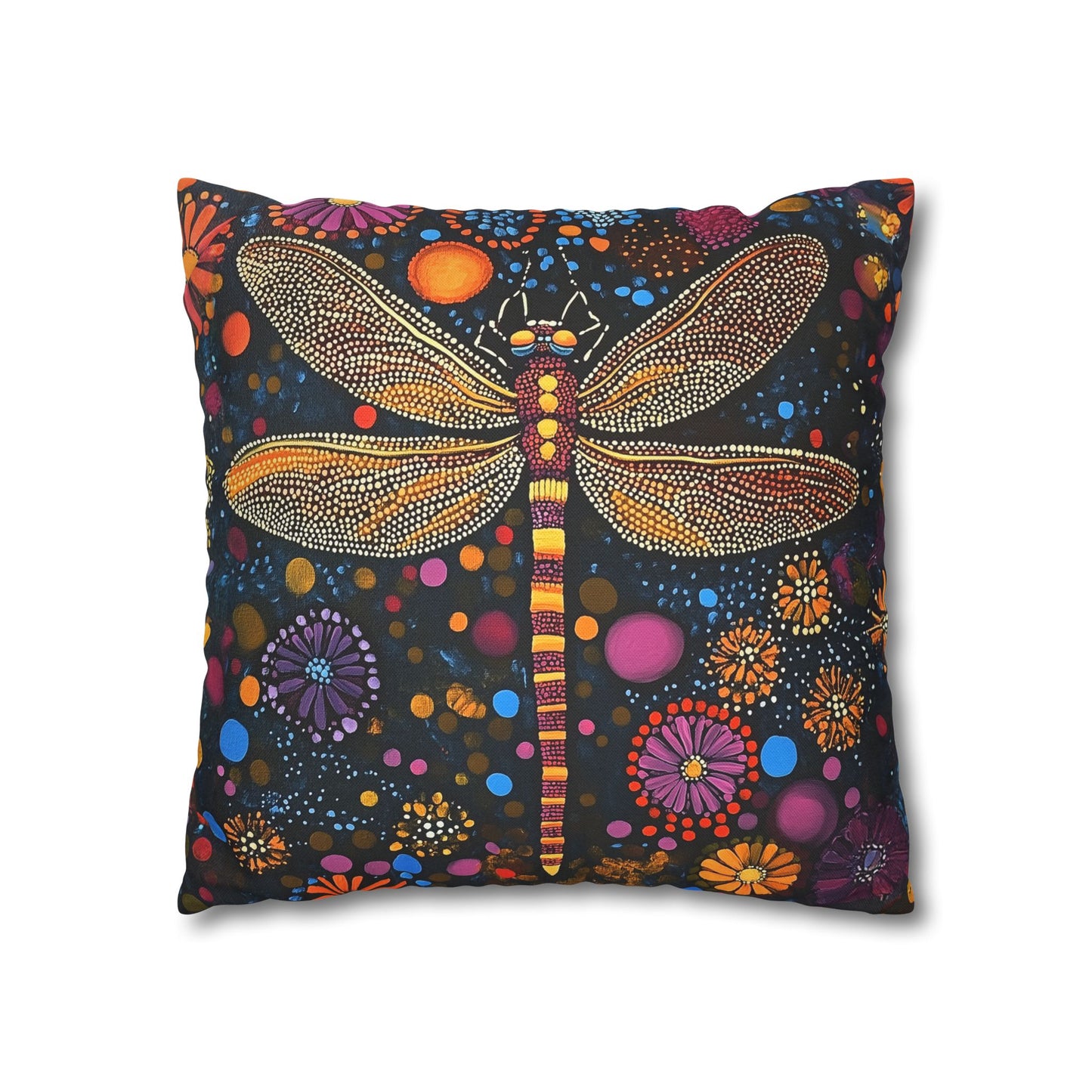 Vibrant Dragonfly Amidst a Kaleidoscope of Dot-Painted Blooms Spun Polyester Square Pillowcase 4 Sizes