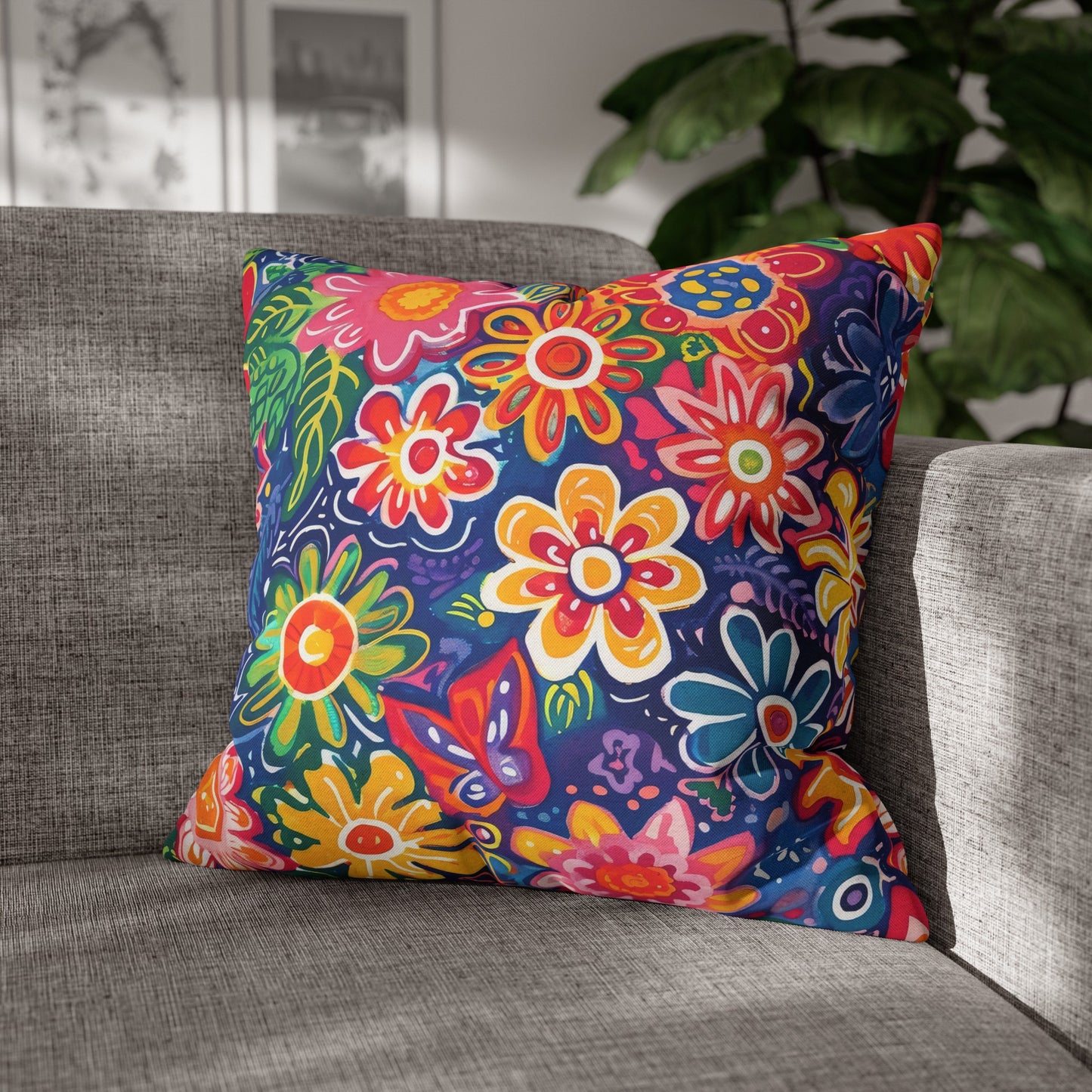 Fluttering Kaleidoscope: Vibrant Multicolor Flowers and Butterflies in Flight Spun Polyester Square Pillowcase 4 Sizes