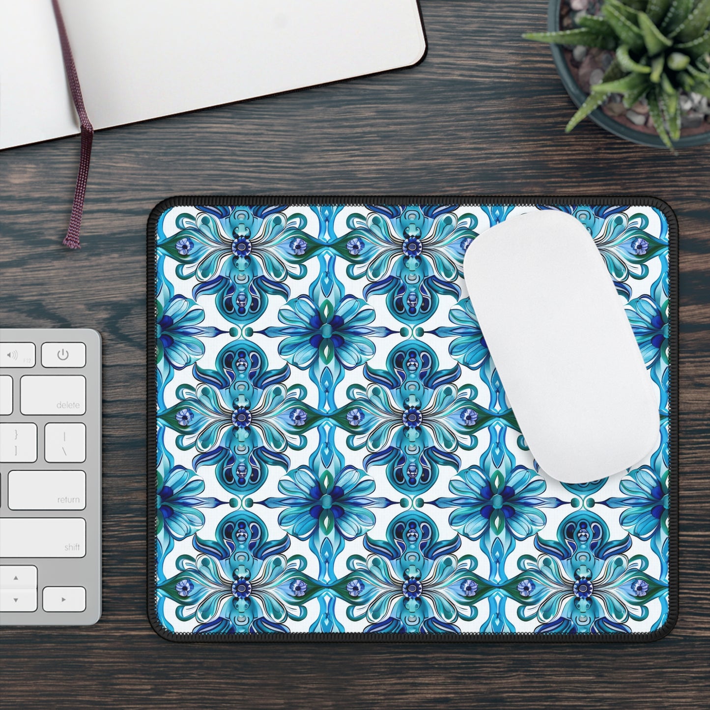 Vibrant Tapestry of Teal and Blue Flowers Mouse Pad with Finished Edges