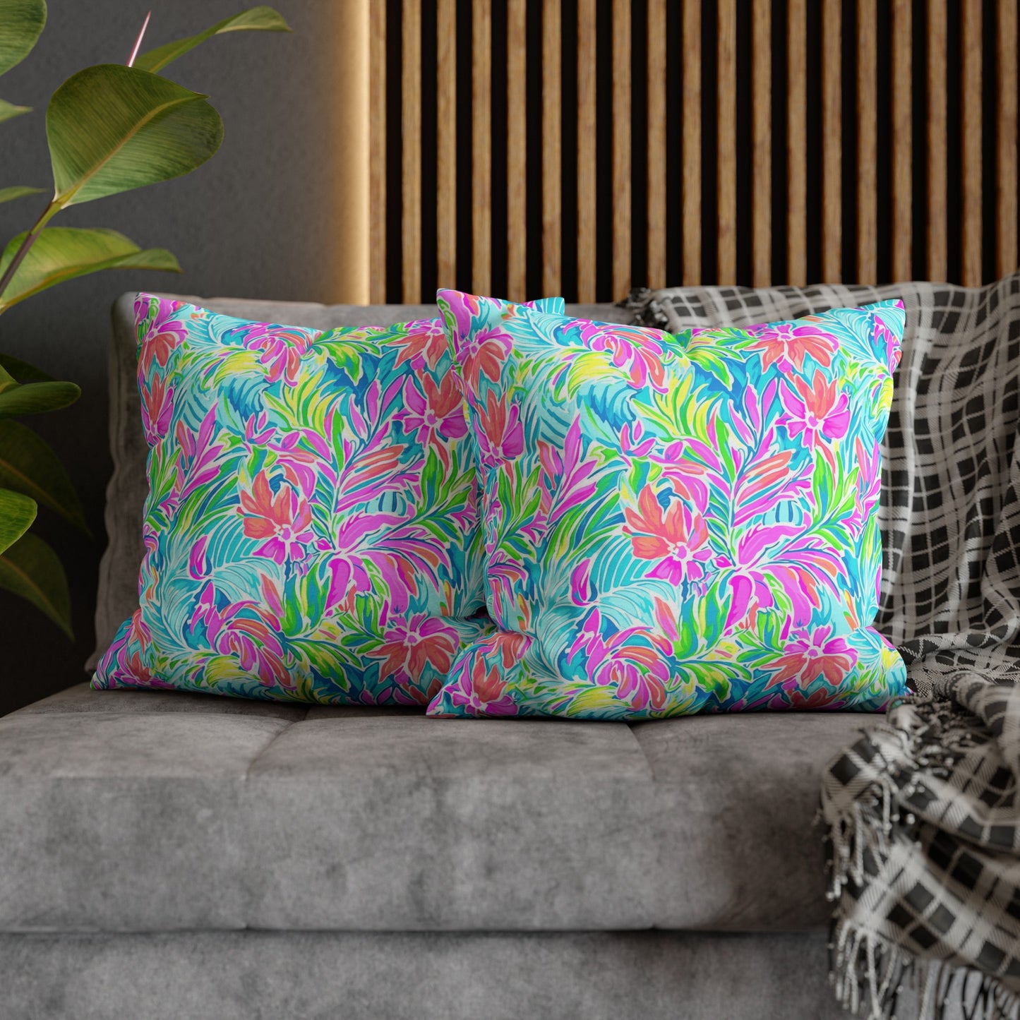 Neon Tropics: Vibrant Rainbow Flowers and Palm Leaves in Electric Splendor Spun Polyester Square Pillowcase 4 Sizes