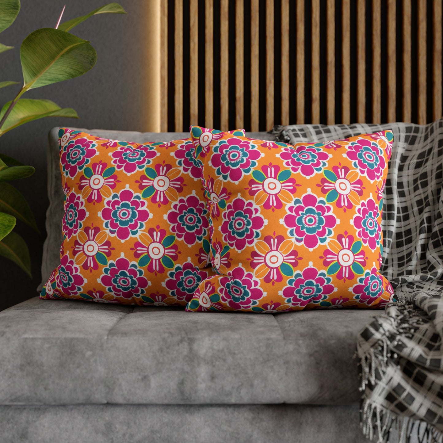 Array of Stylized Floral Motifs in Vivid Pink, Teal, and White Set Against a Warm Orange Backdrop Spun Polyester Square Pillowcase 4 Sizes