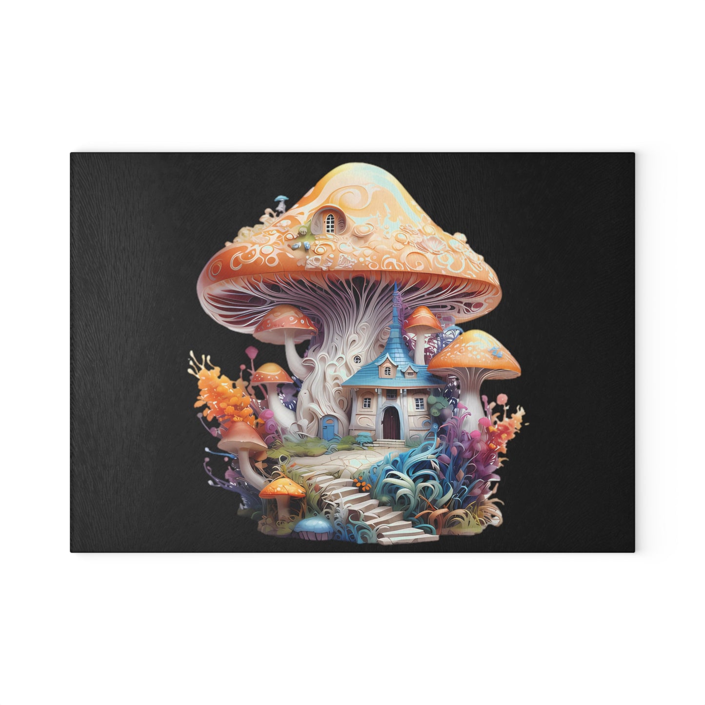 Fairytale Mushroom 2 Story Cottage Home with Black Background - Glass Cutting Board  8" x 11" and 11" x 15"