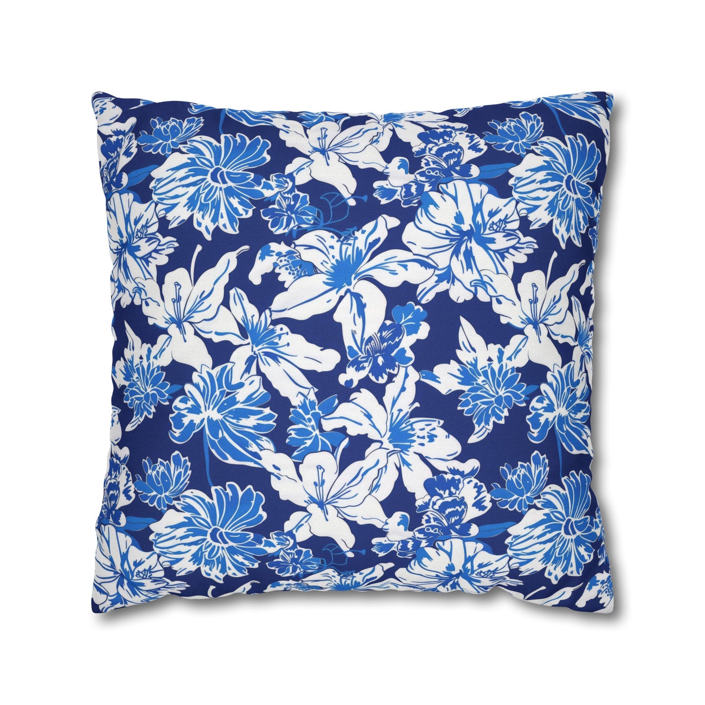 Oceanic Bloom: Watercolor Tropical Flowers in White and Blue against a Deep Blue Background Spun Polyester Square Pillowcase 4 Sizes